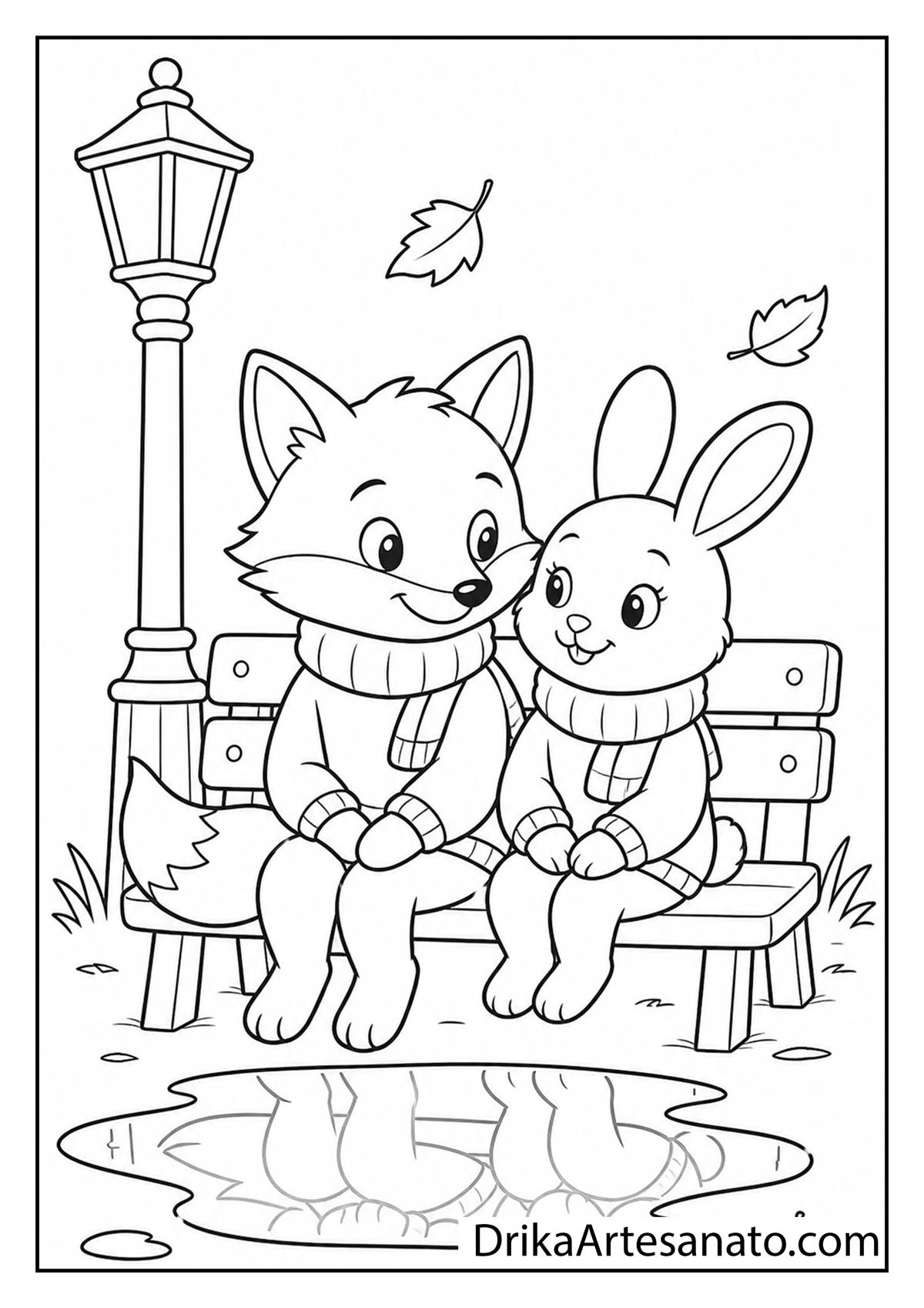 Cute cartoon fox and bunny sitting together on a park bench by a lamppost line art coloring sheet