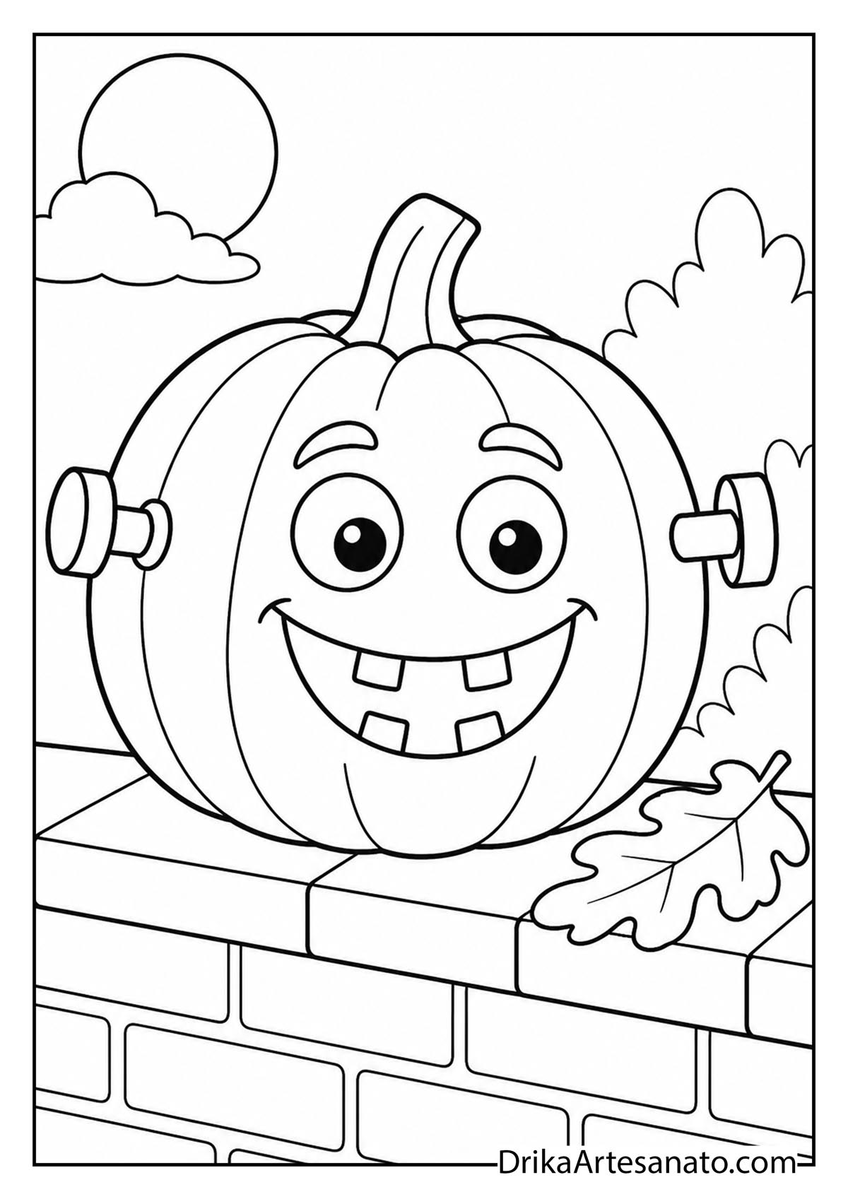 Frankenstein-style pumpkin with neck bolts on a brick wall line art coloring page