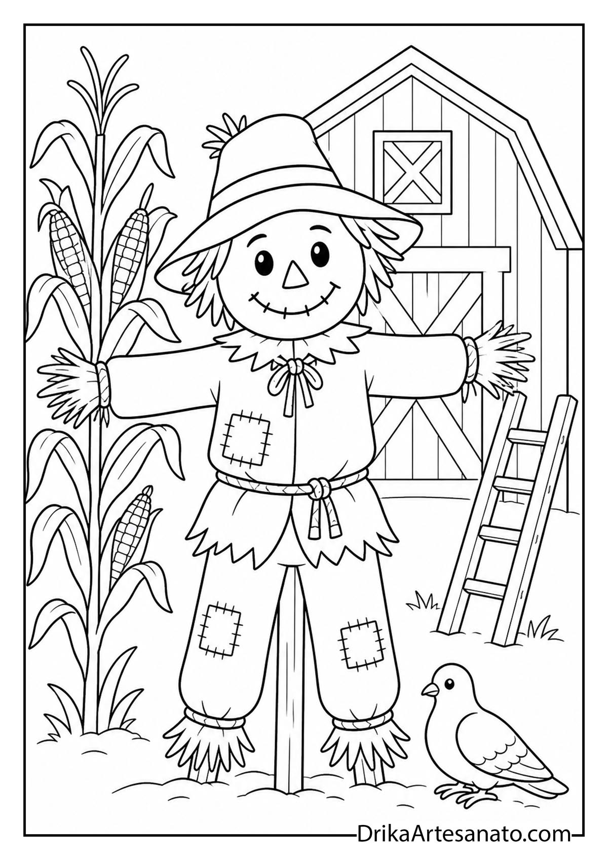 Classic scarecrow on a wooden stake in a cornfield coloring page for kids