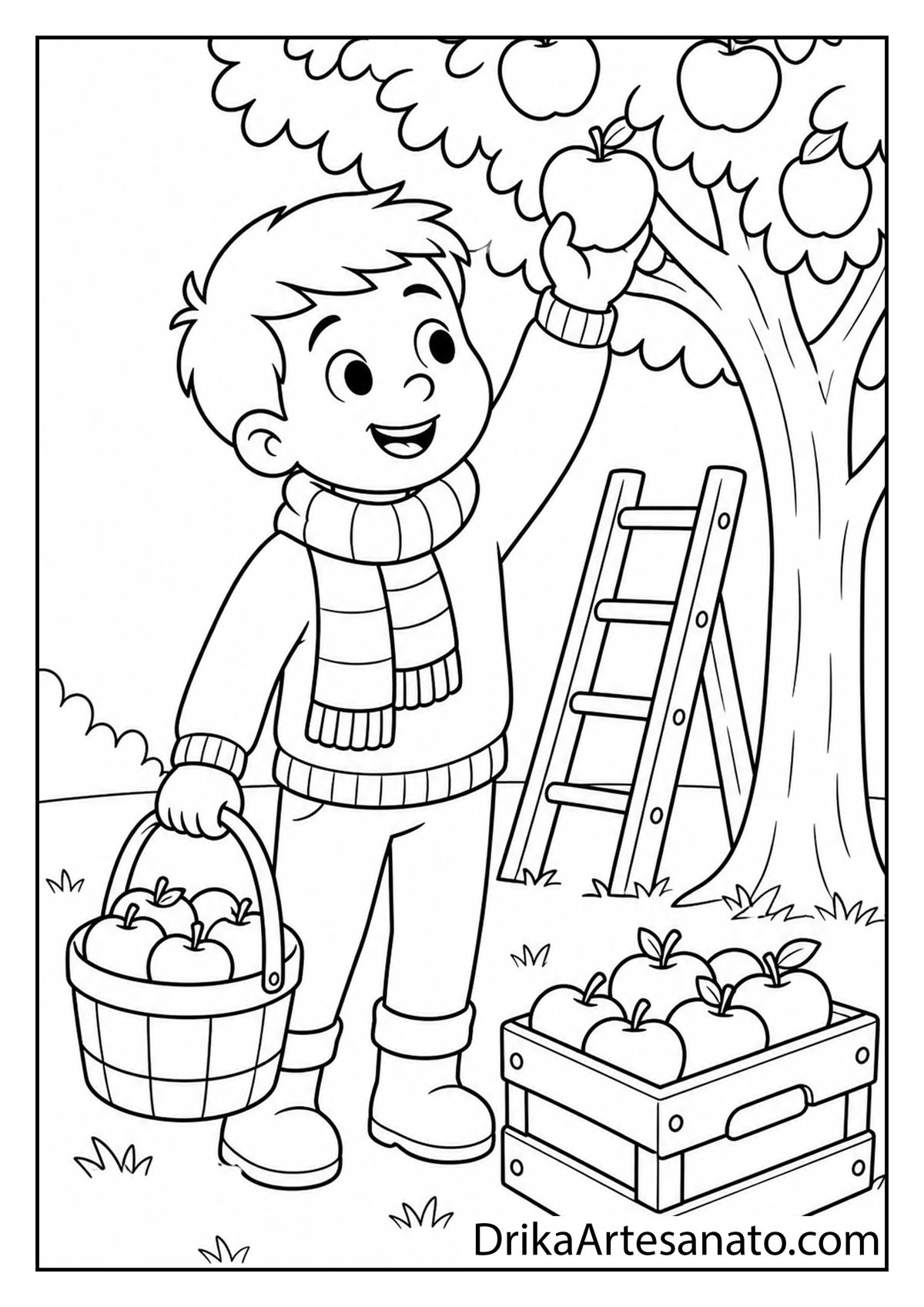 Cartoon boy reaching to pick an apple from a tree with a crate and basket line art coloring page