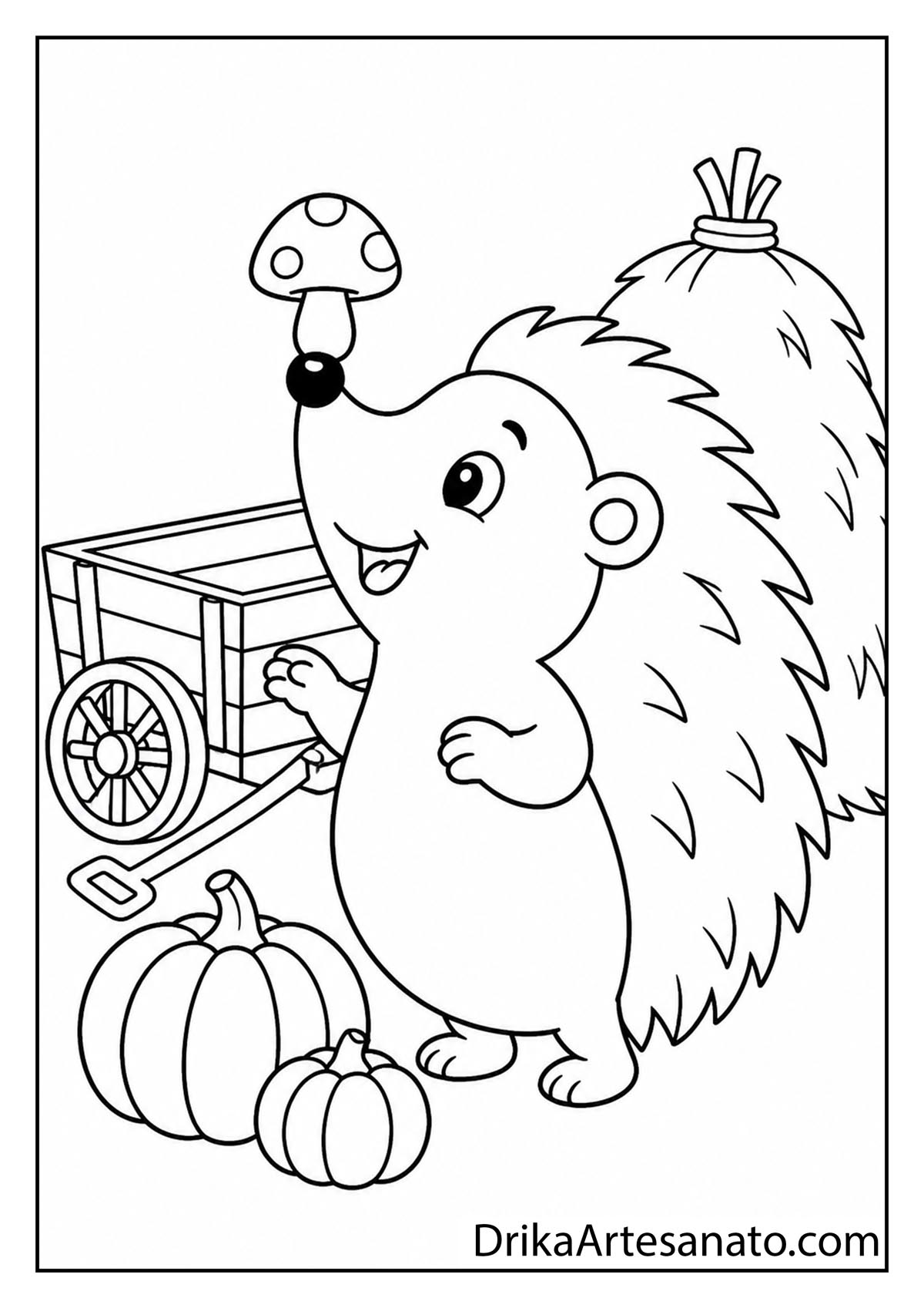 Cute hedgehog balancing a mushroom on its snout near a wagon coloring page