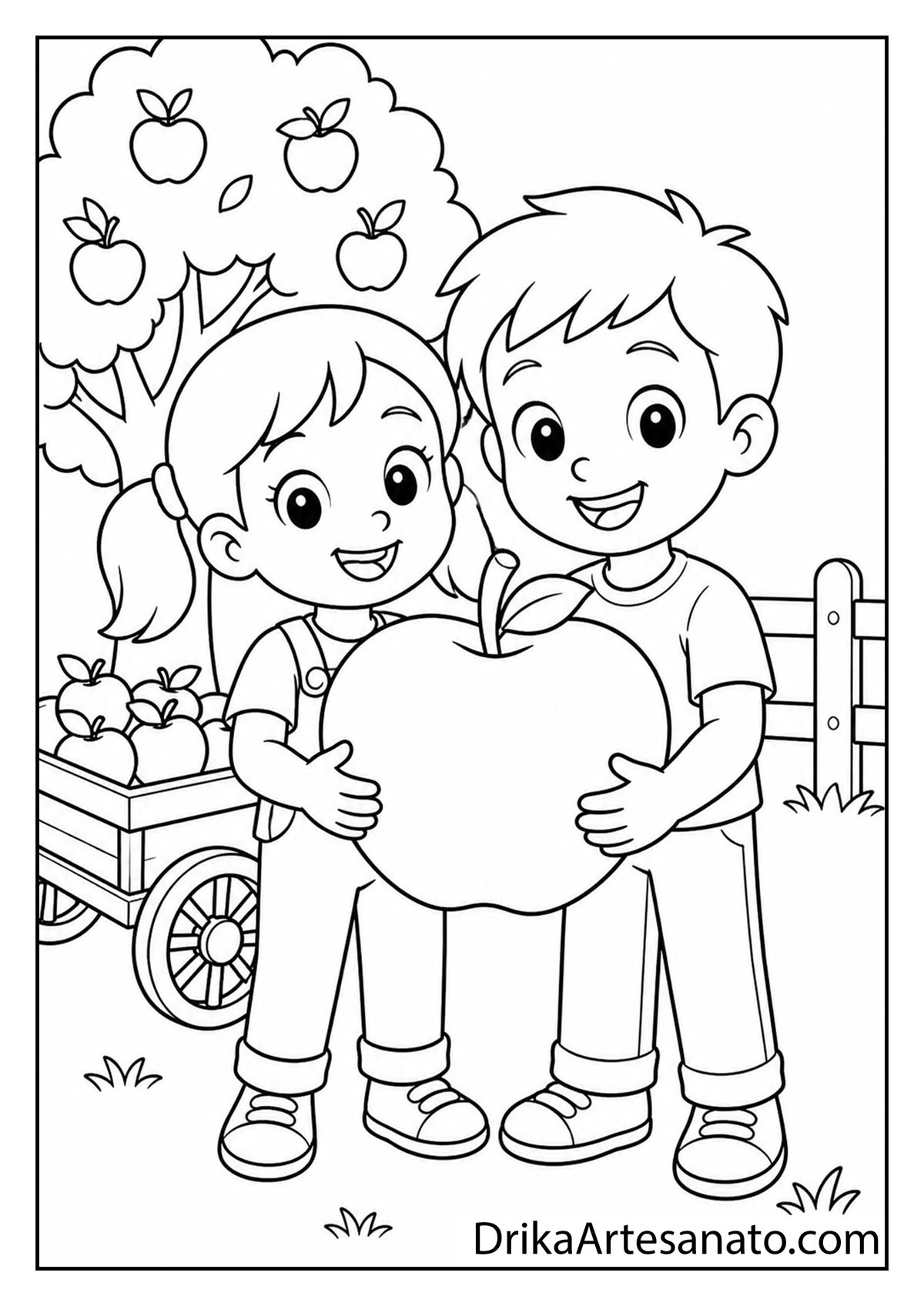 Happy boy and girl holding a giant apple together in an orchard coloring page