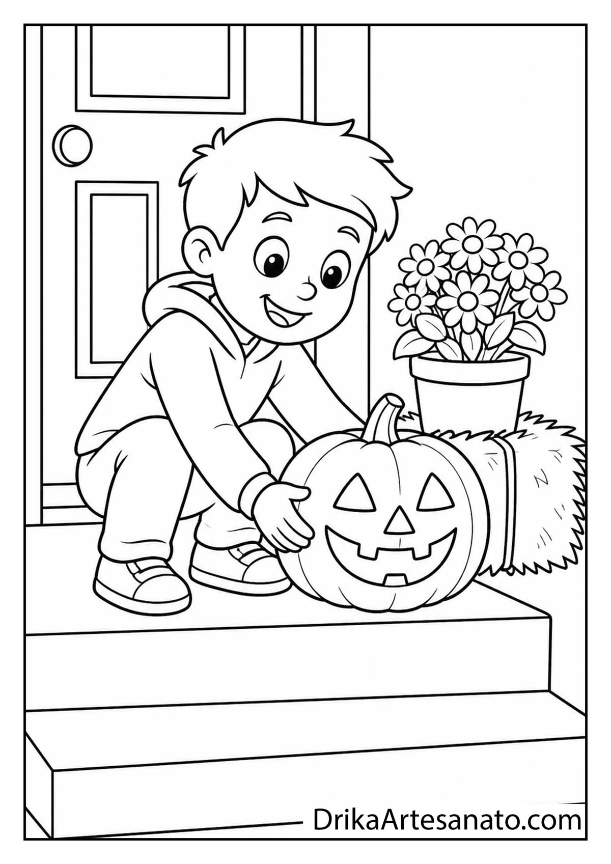 Young boy setting a carved jack-o-lantern on a porch step coloring page for kids