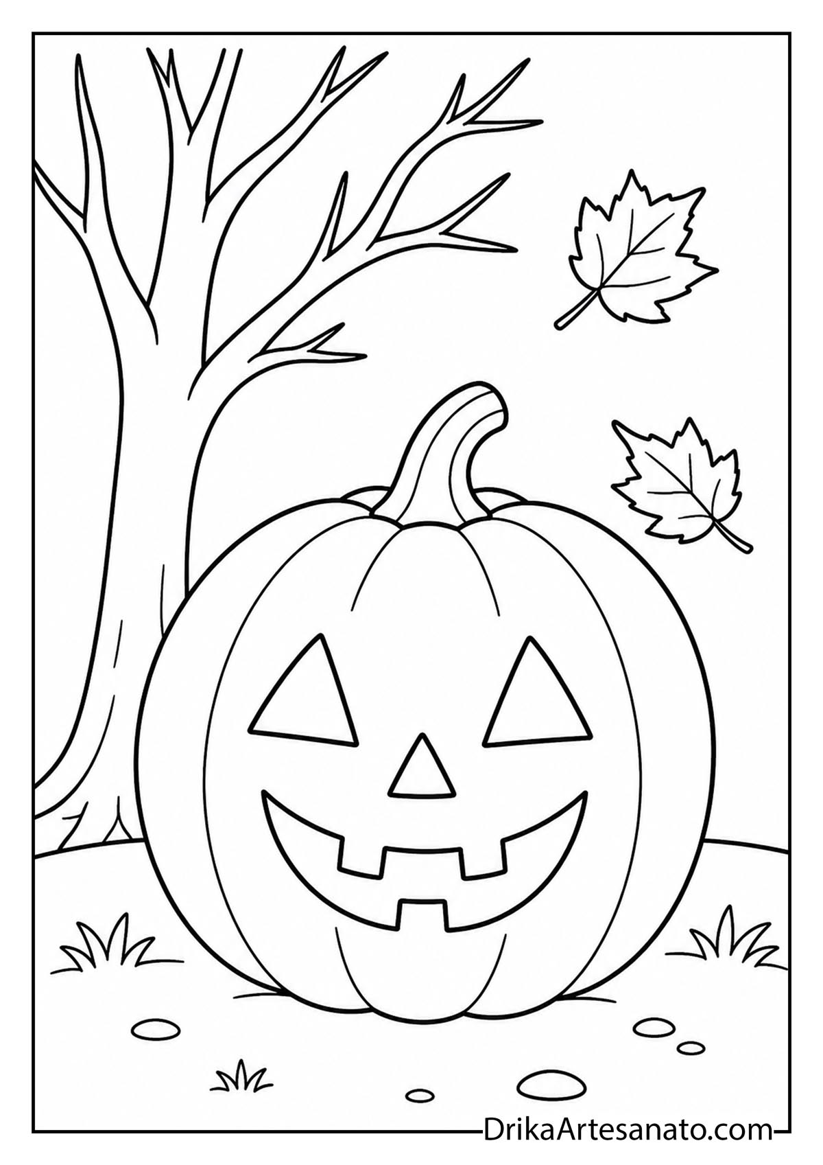 Carved pumpkin under a bare tree with falling autumn leaves cartoon coloring sheet