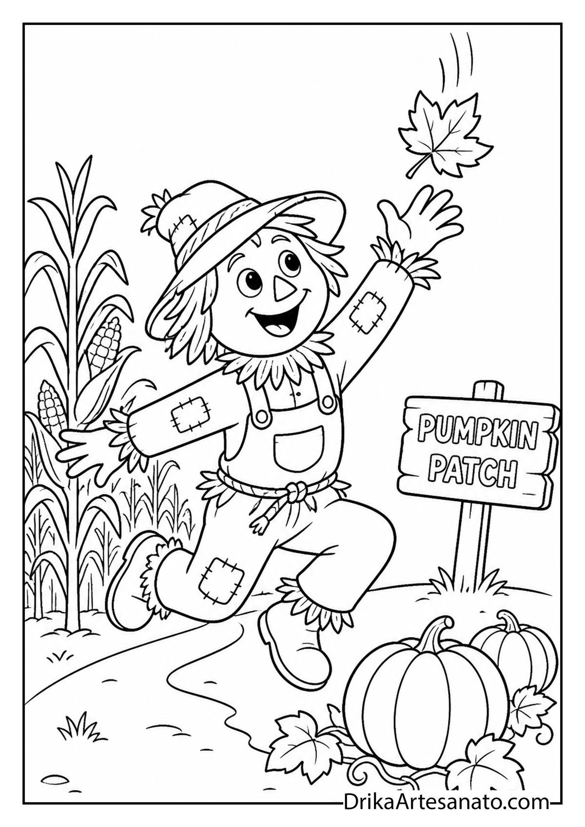 Scarecrow catching a falling leaf in a pumpkin patch line art coloring page