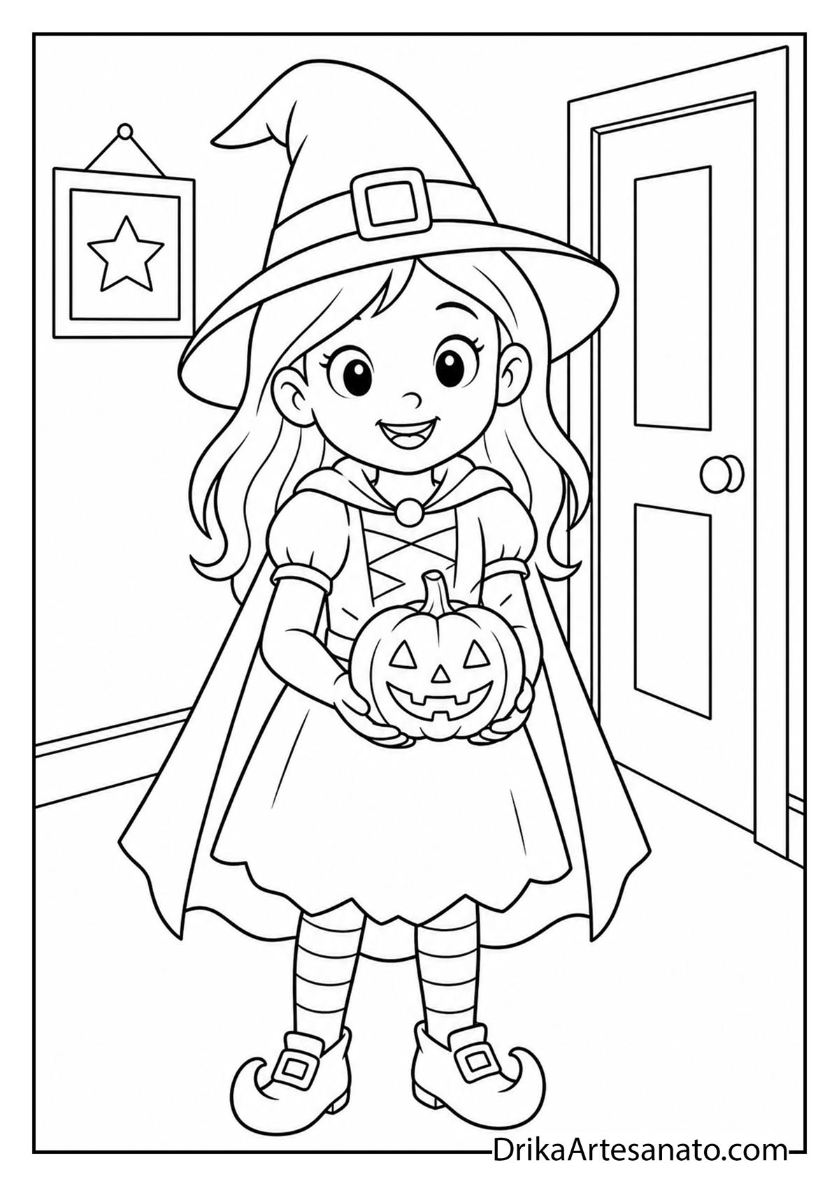 Girl wearing a witch costume and hat holding a small pumpkin line art coloring page