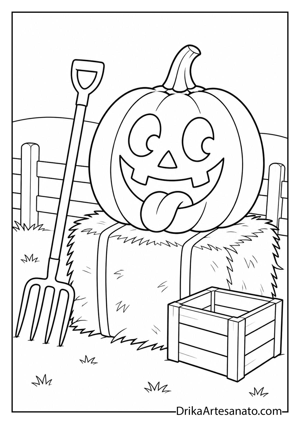 Goofy jack-o-lantern on a hay bale with a pitchfork printable coloring page