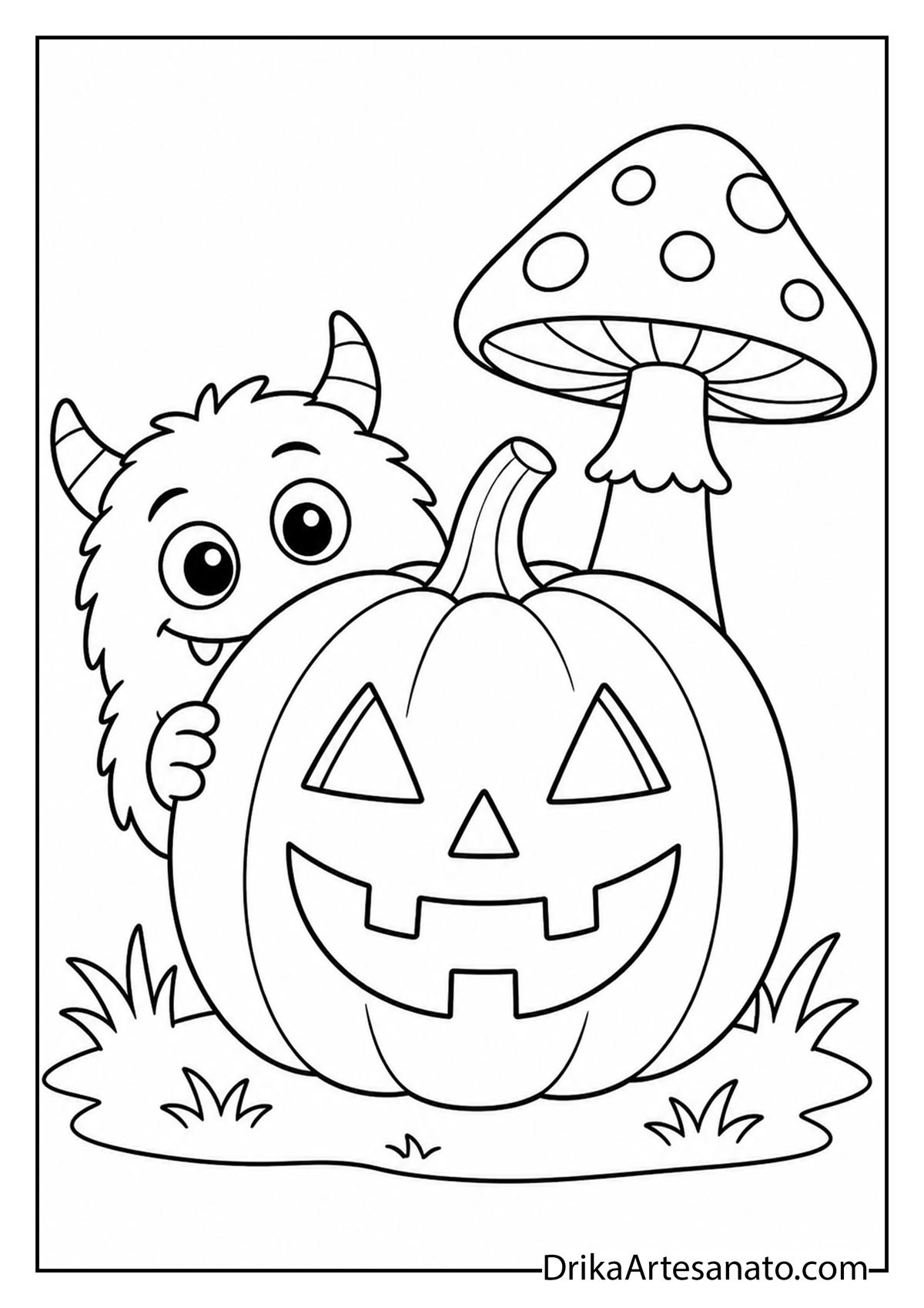 Cute fluffy monster hiding behind a jack-o-lantern and mushroom coloring page