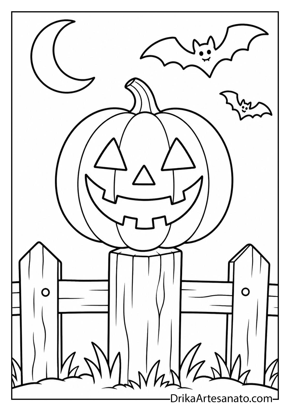 Jack-o-lantern perched on a wooden fence post with bats coloring sheet