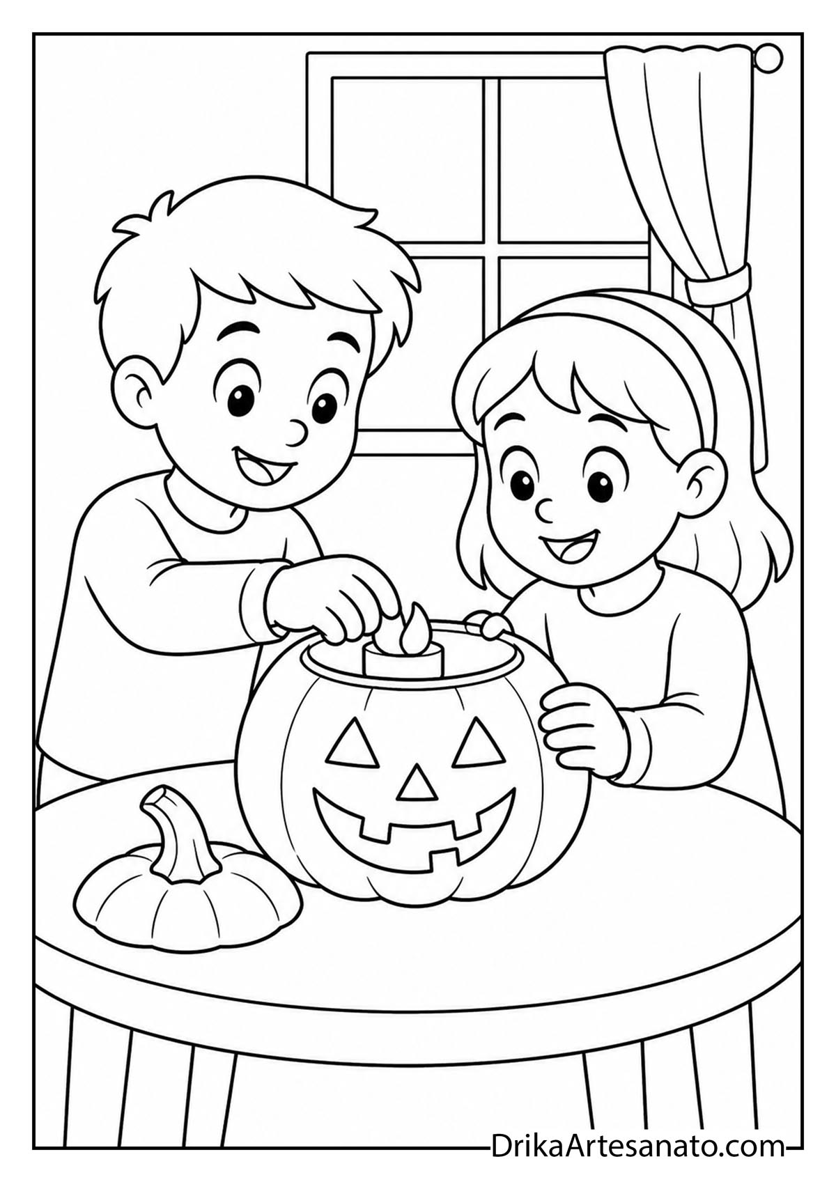 Boy and girl lighting a candle inside a carved pumpkin printable coloring page