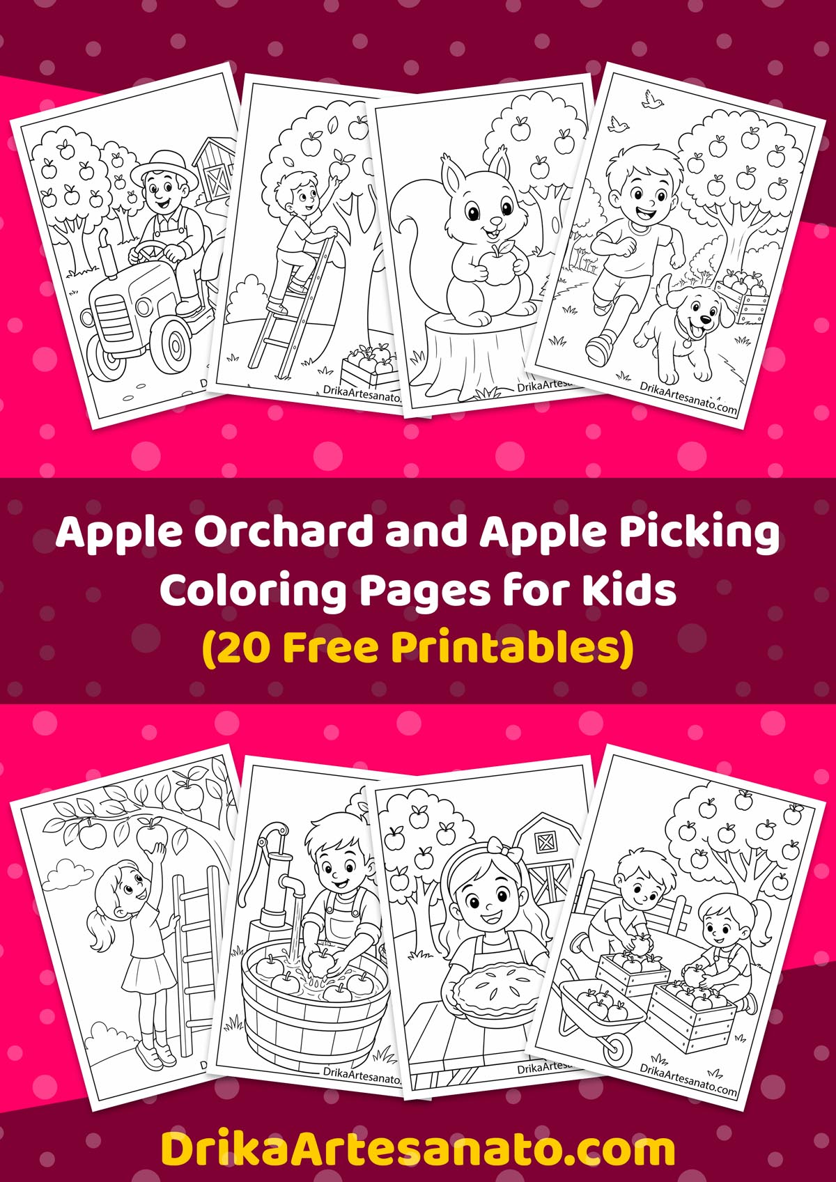 Preview collage of twenty free printable apple orchard coloring sheets on a polka dot background