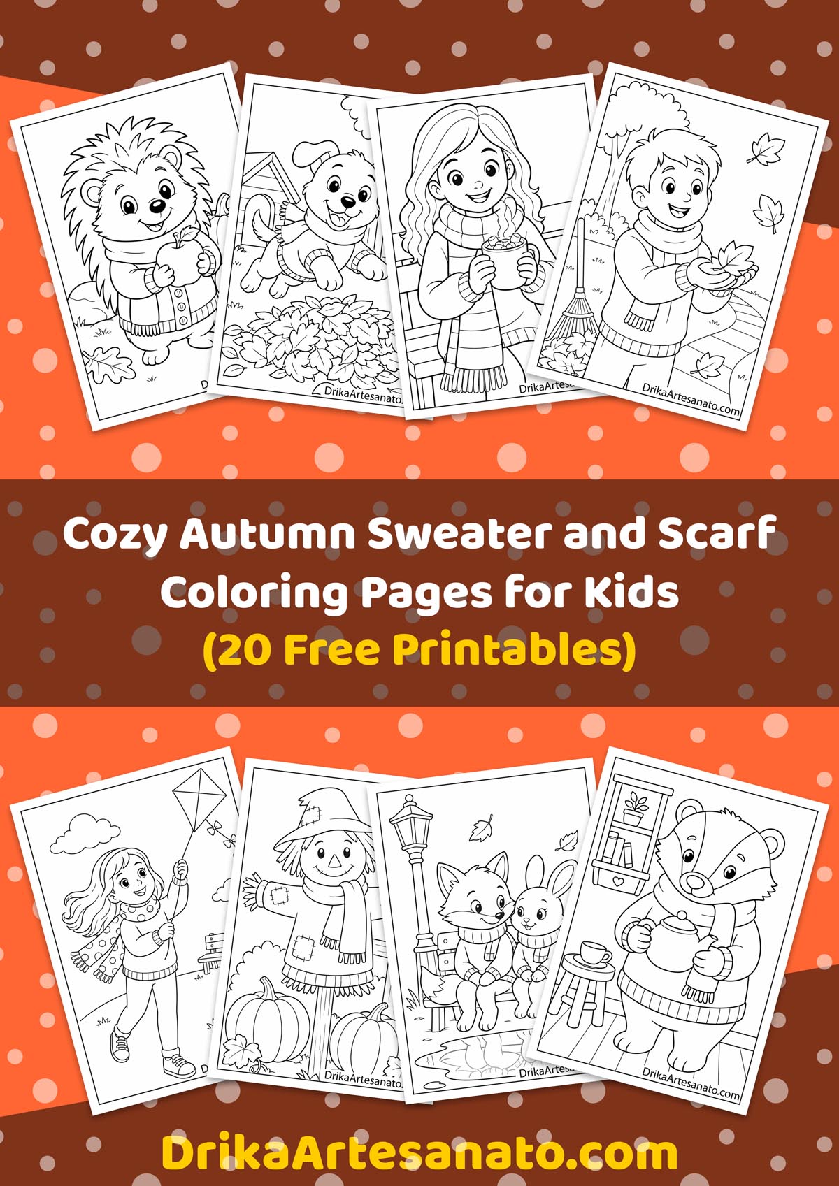 Collection of printable cozy autumn sweater and scarf coloring pages for kids on an orange polka dot background