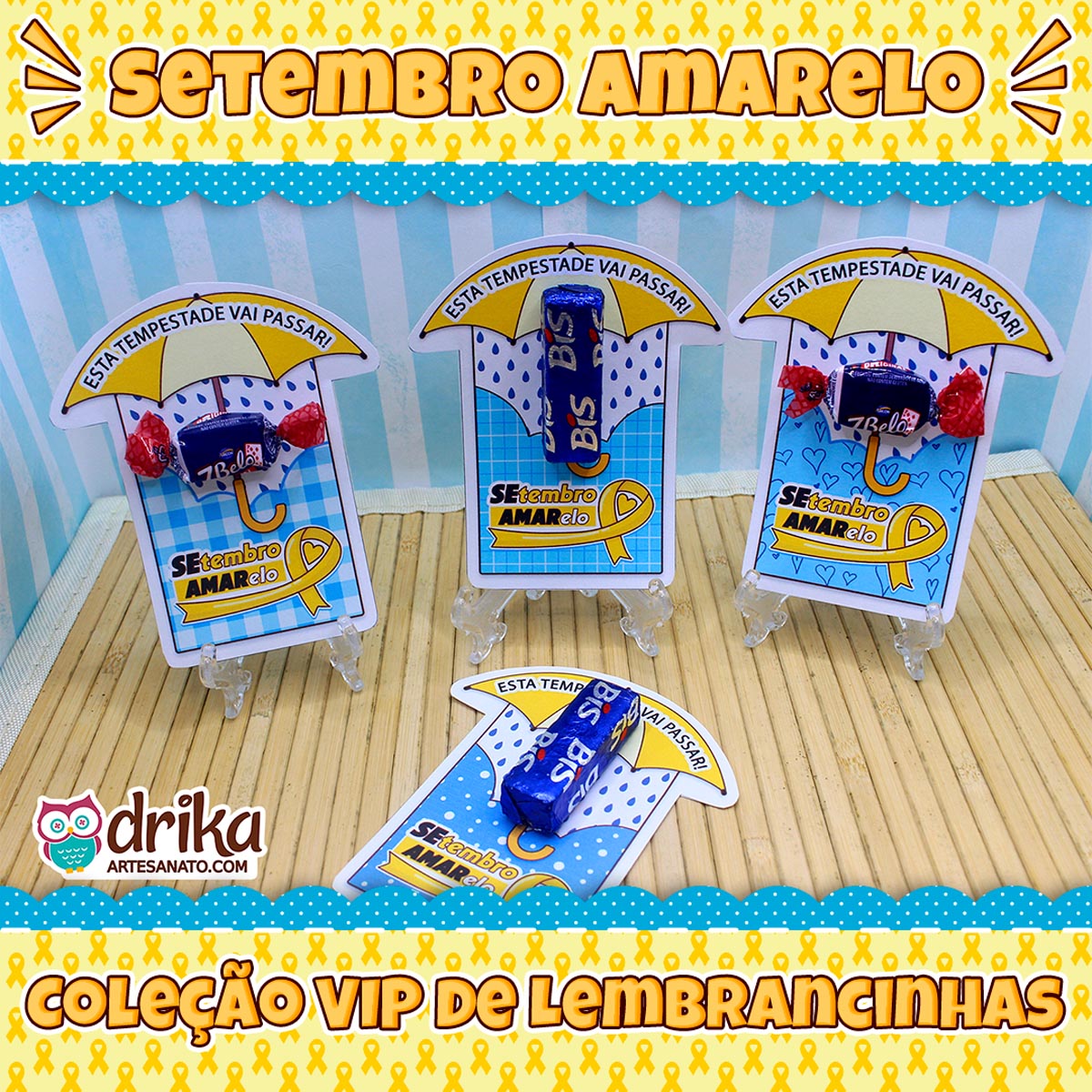 Coleção de porta-bis de papel com tema Setembro Amarelo dispostos sobre mesa de bambu com bordas decoradas