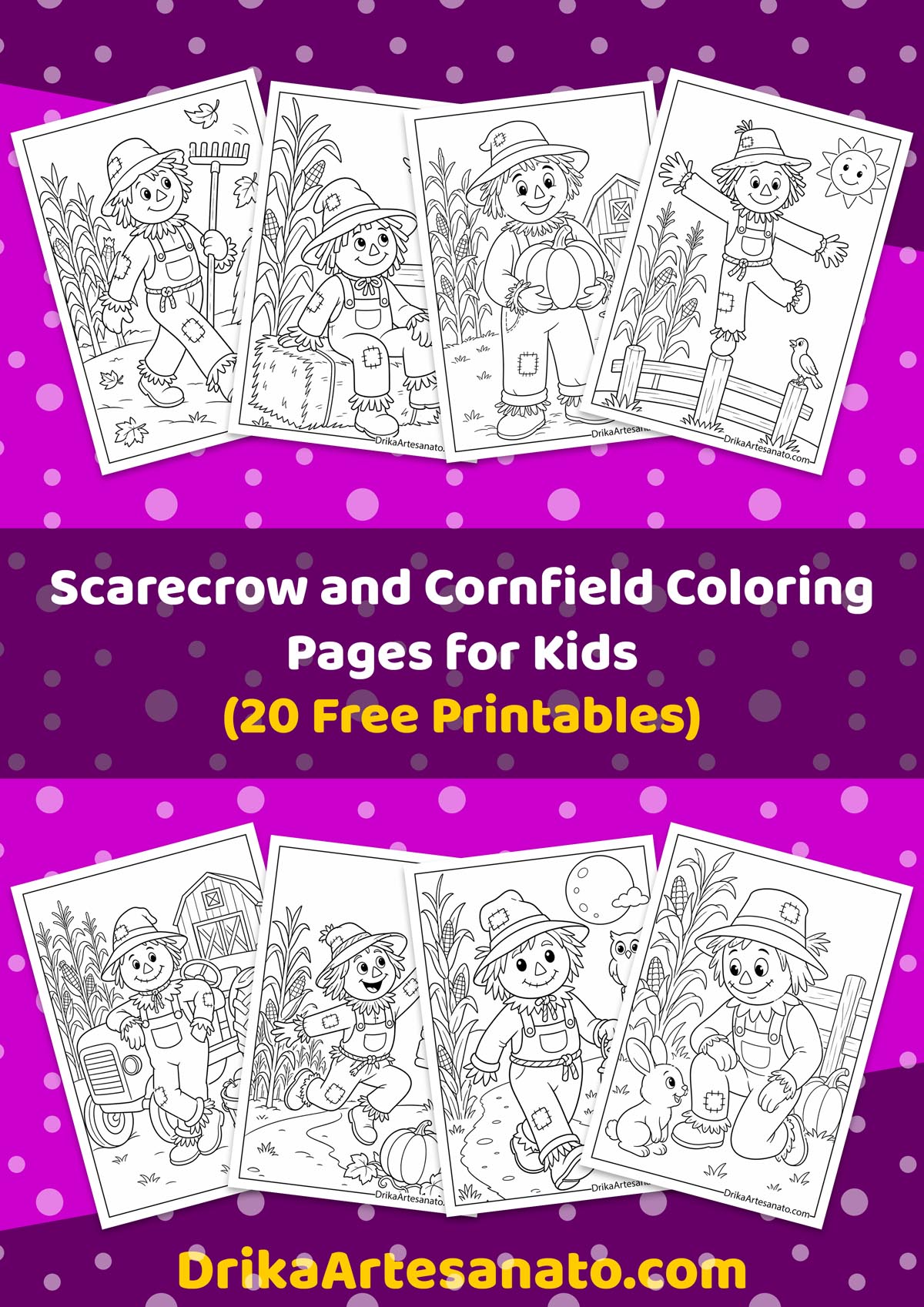 Scarecrow and cornfield coloring pages collection preview mockup for kids