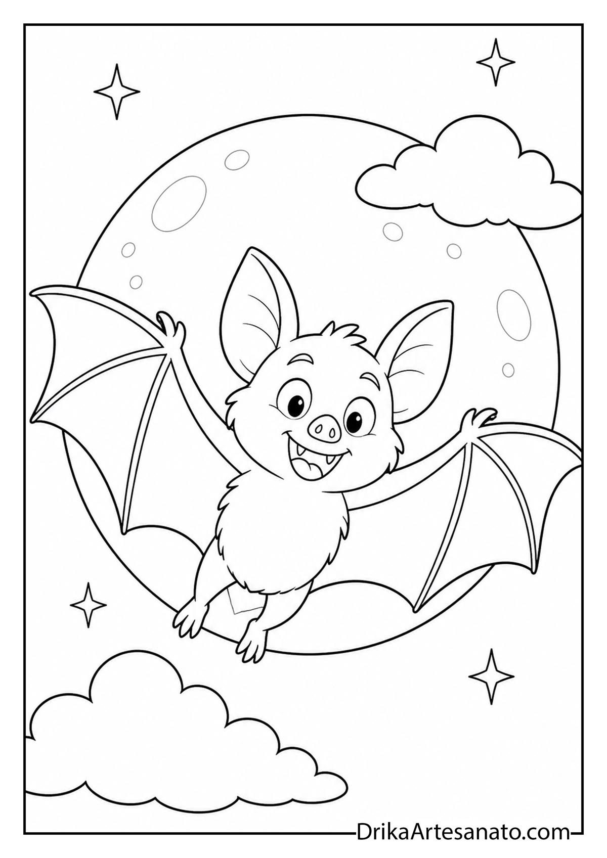 Cute cartoon bat flying in front of a full moon and night sky coloring page