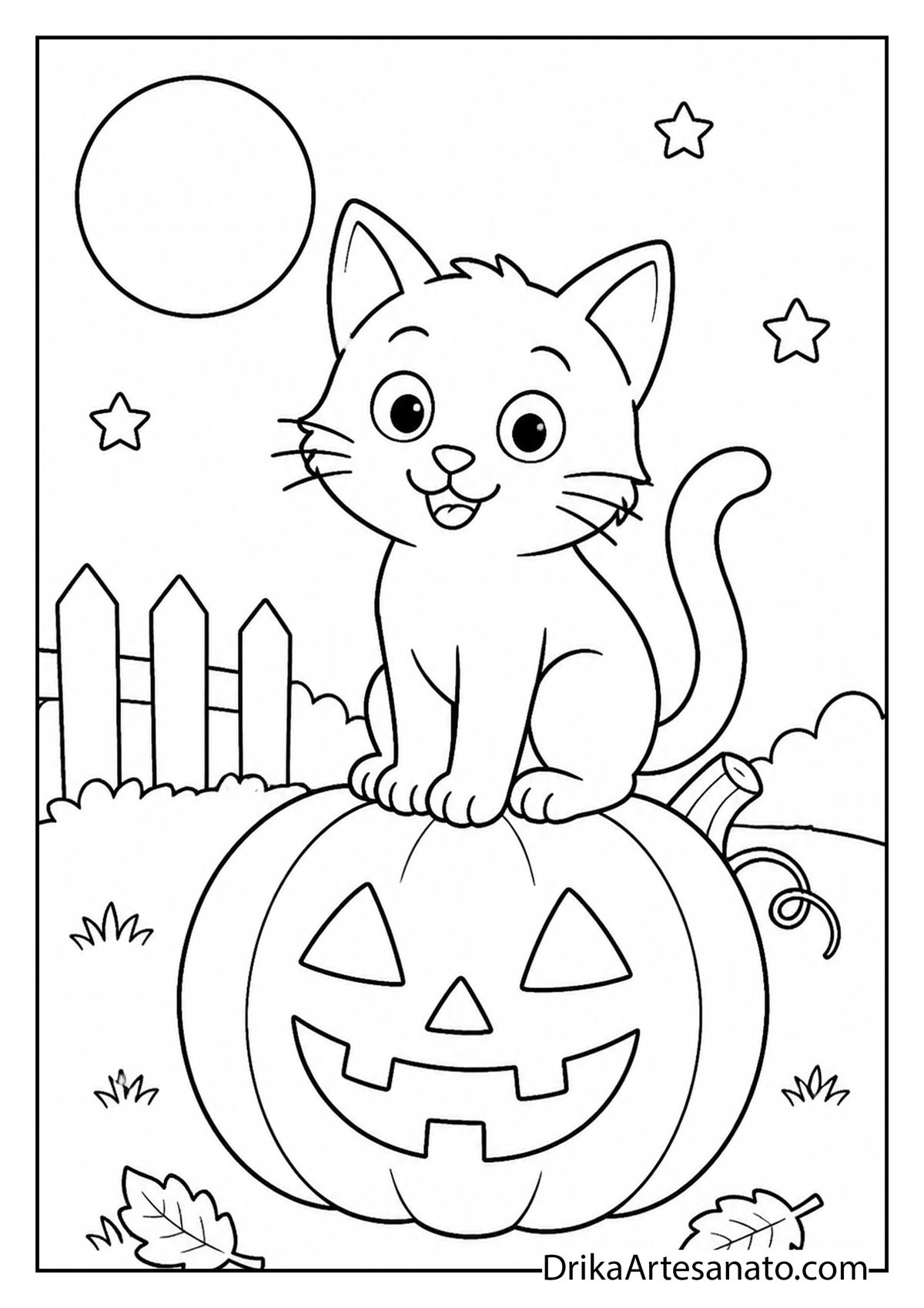 Cute cartoon kitten sitting on a carved jack-o-lantern under a full moon coloring page for kids