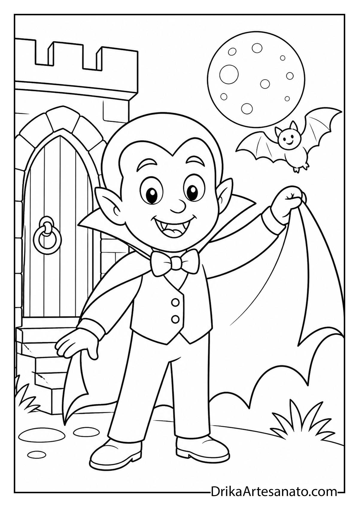 Cute cartoon boy vampire opening his cape outside a castle door with a full moon and bat line art coloring page