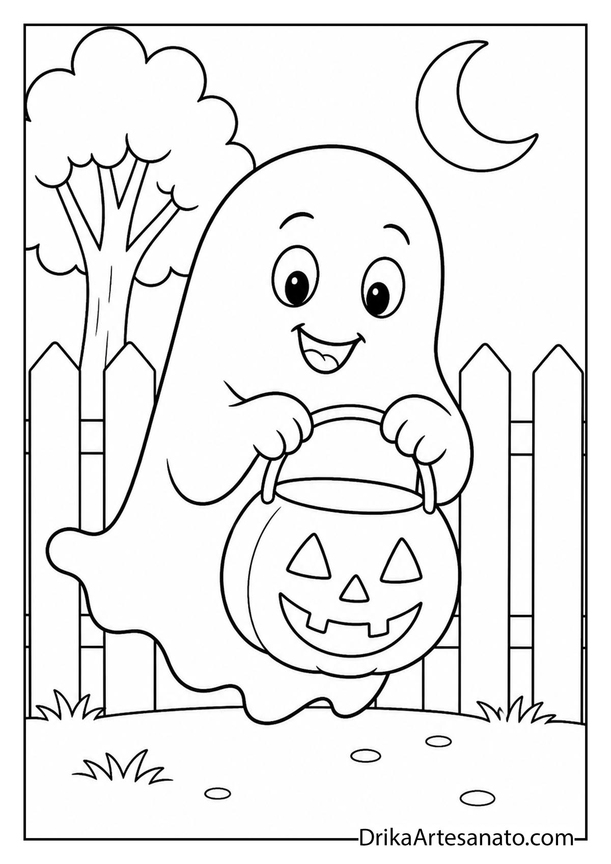 Cute cartoon ghost holding a jack-o-lantern candy bucket on Halloween night coloring sheet