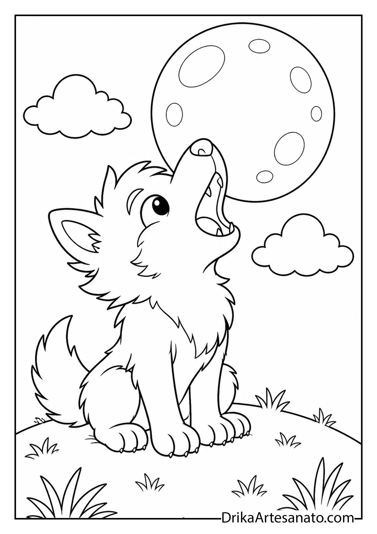 Cute cartoon werewolf pup howling at a large full moon printable coloring page