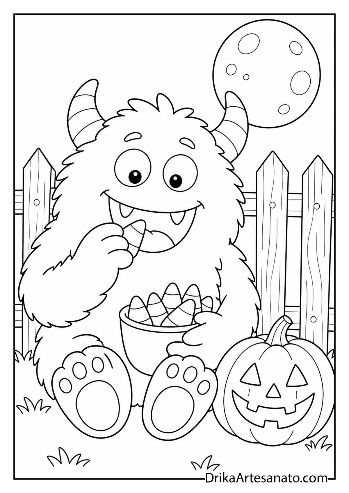 Cute furry monster eating candy corn from a bowl next to a jack-o-lantern coloring page for kids