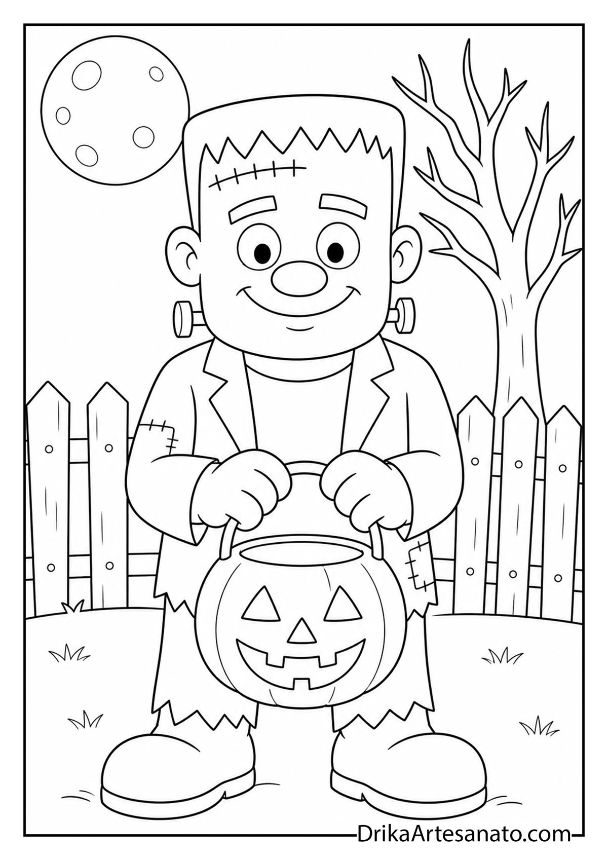 Cute cartoon Frankenstein holding a pumpkin candy bucket line art coloring page