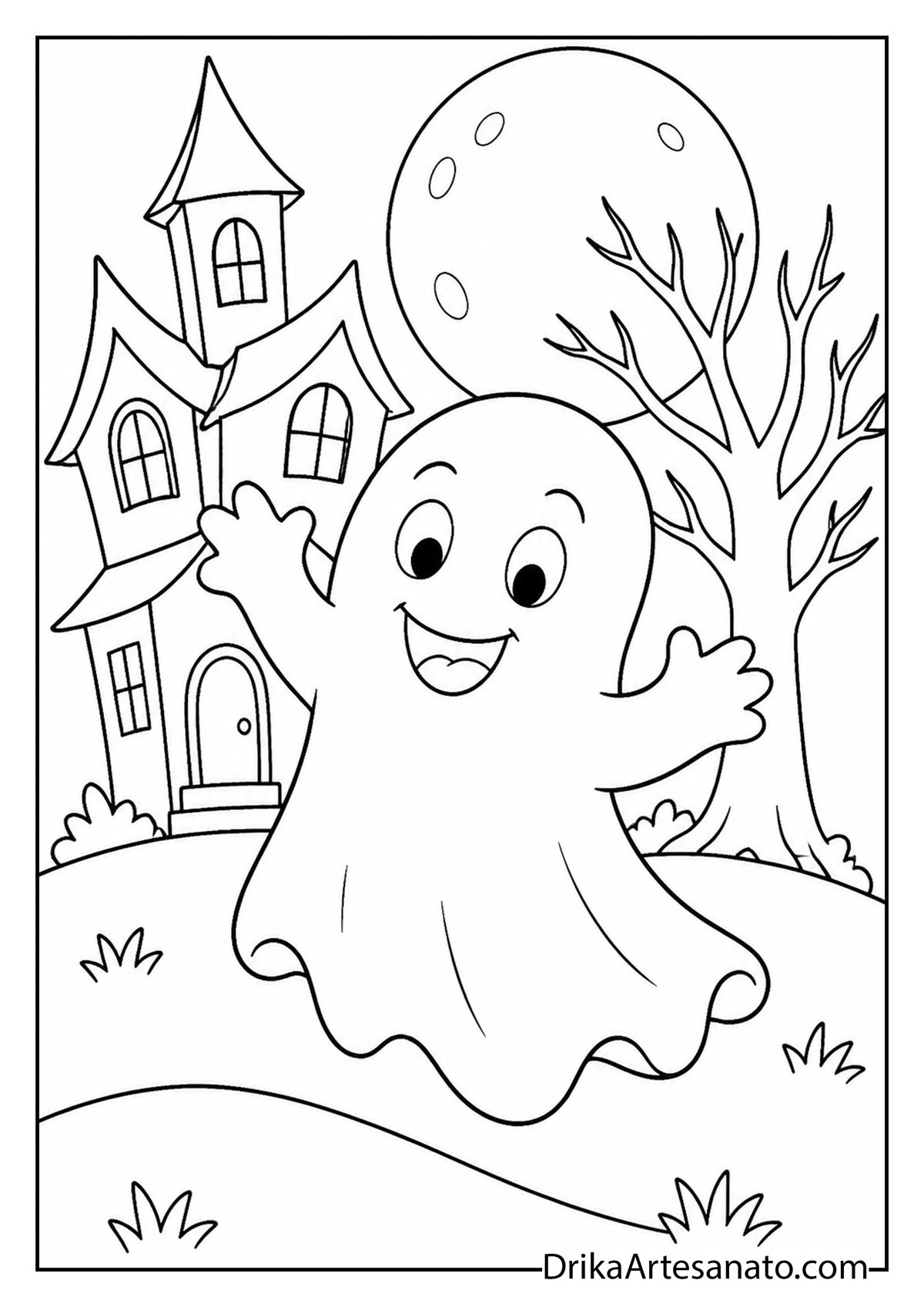 Cute friendly ghost floating in front of a haunted house under the full moon coloring page