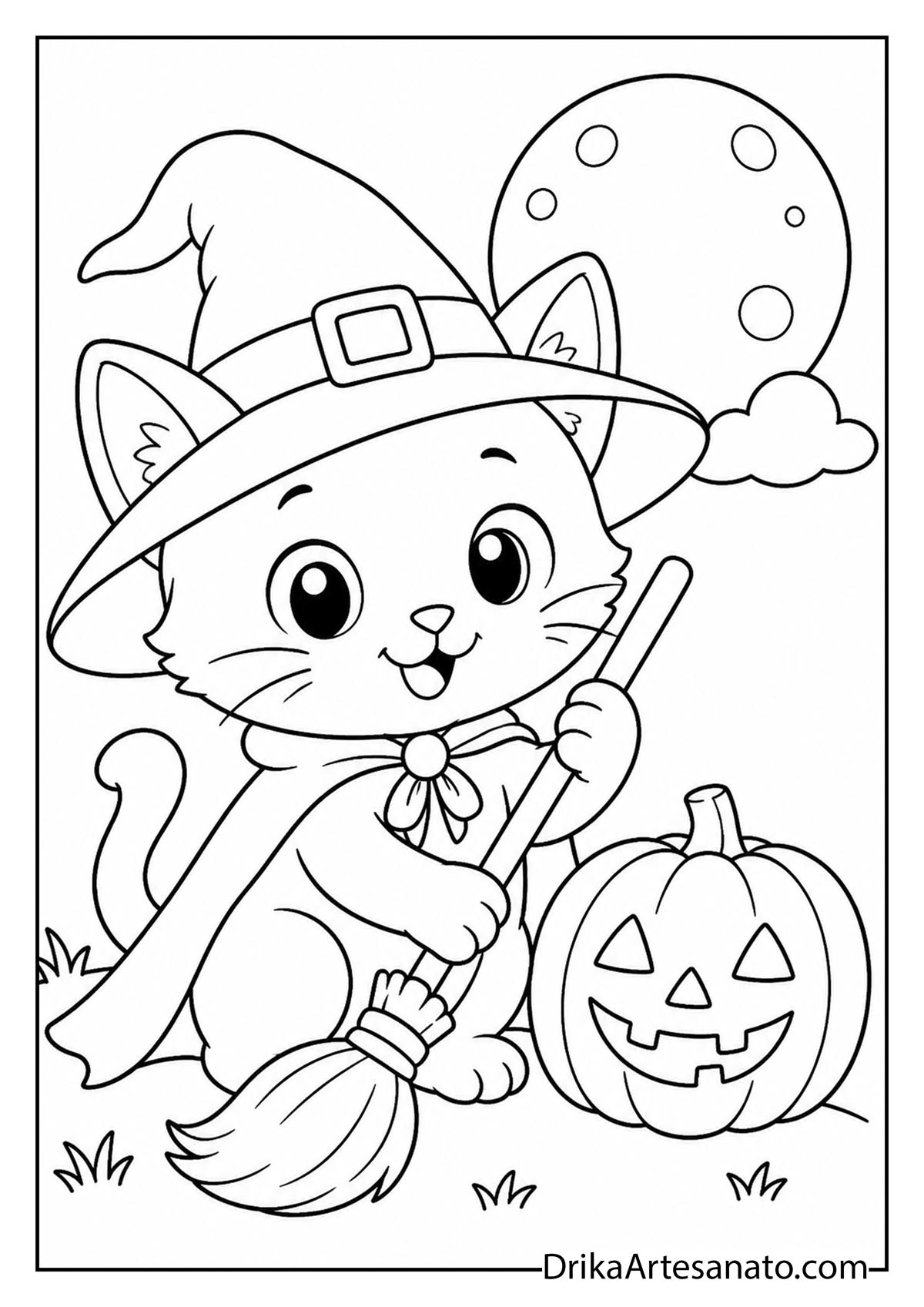 Cute kitten dressed as a witch holding a broomstick beside a pumpkin coloring page