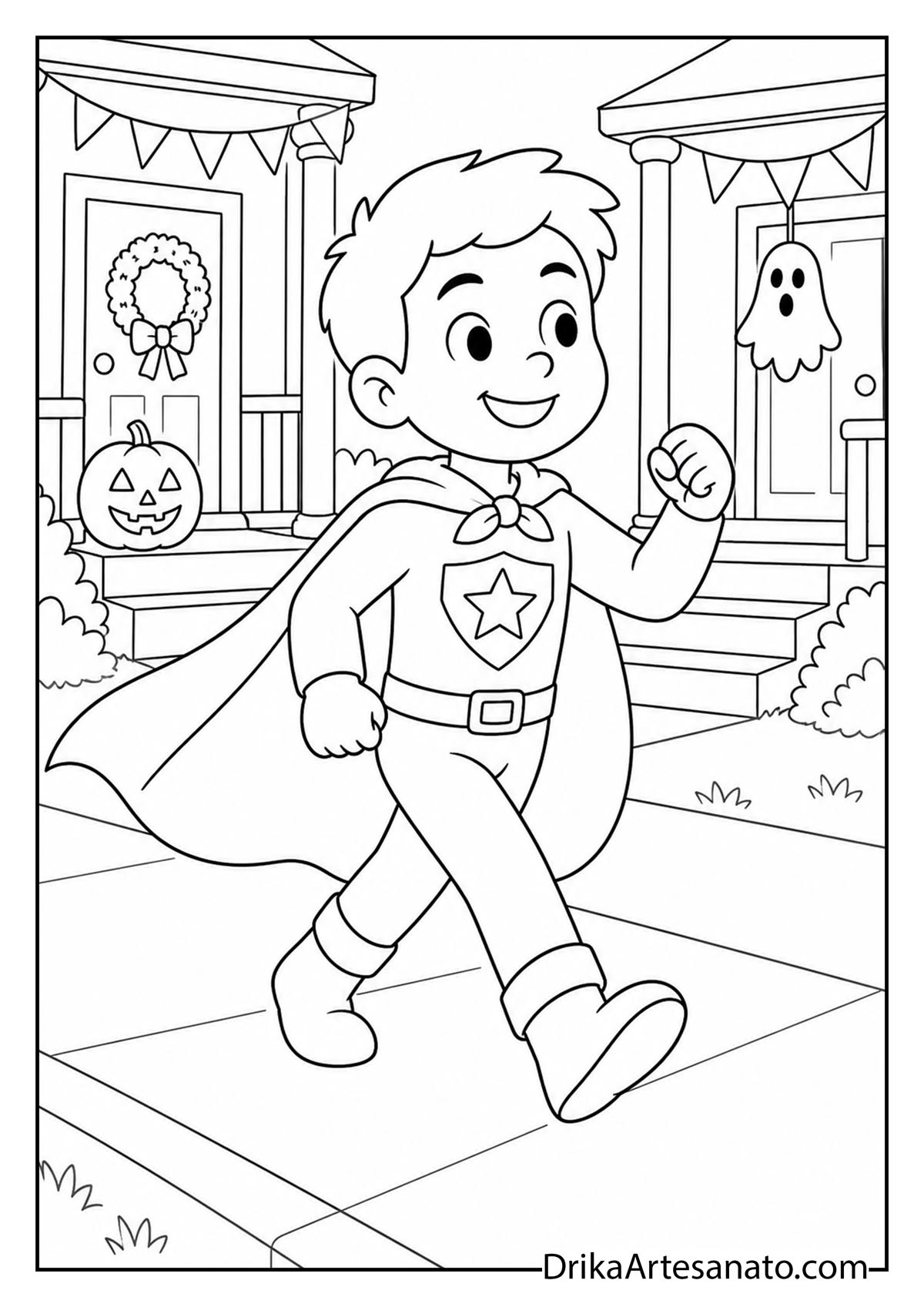 Boy dressed in superhero costume with cape walking down sidewalk coloring page