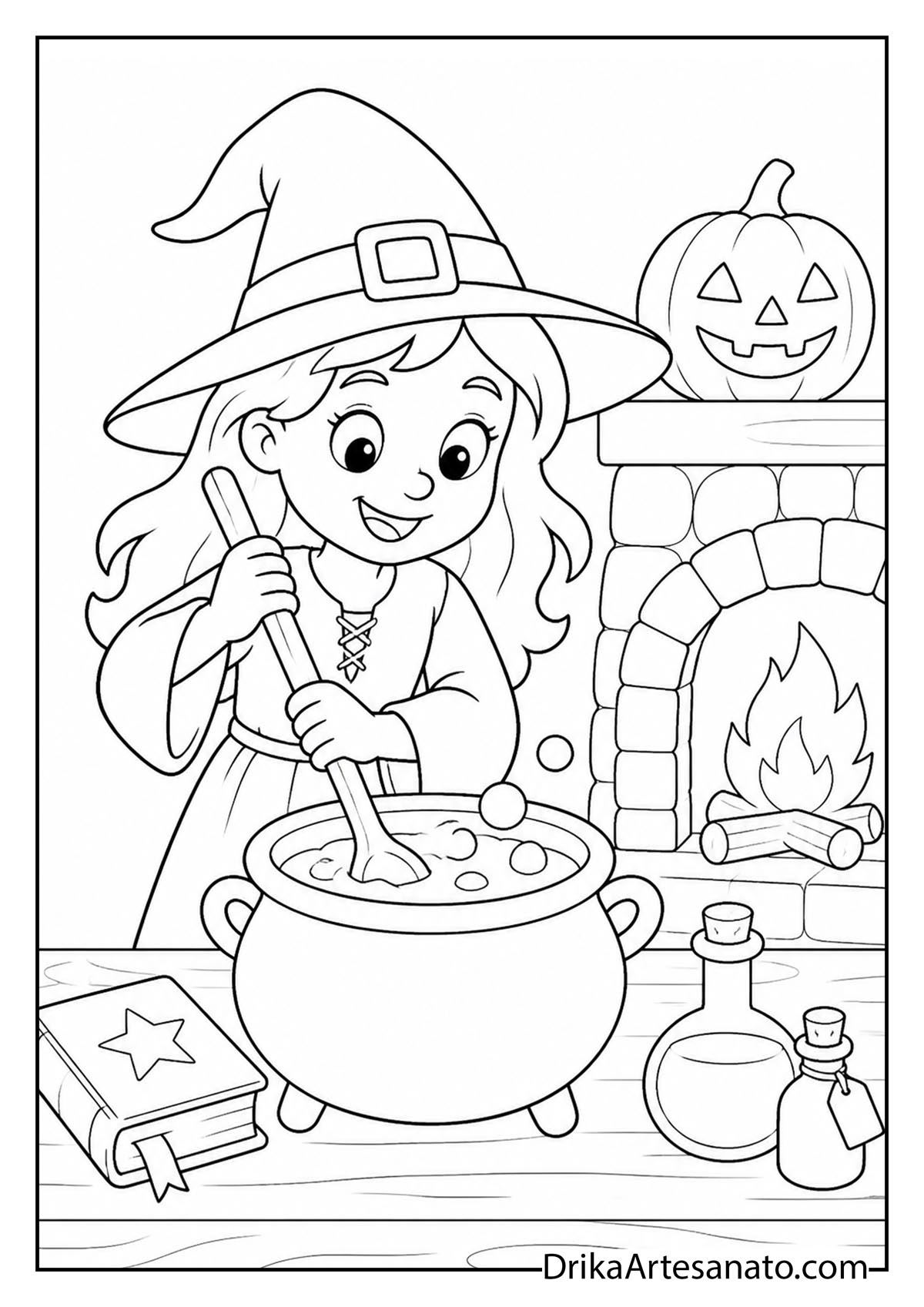 Cute young witch stirring a bubbling cauldron by a cozy fireplace coloring page