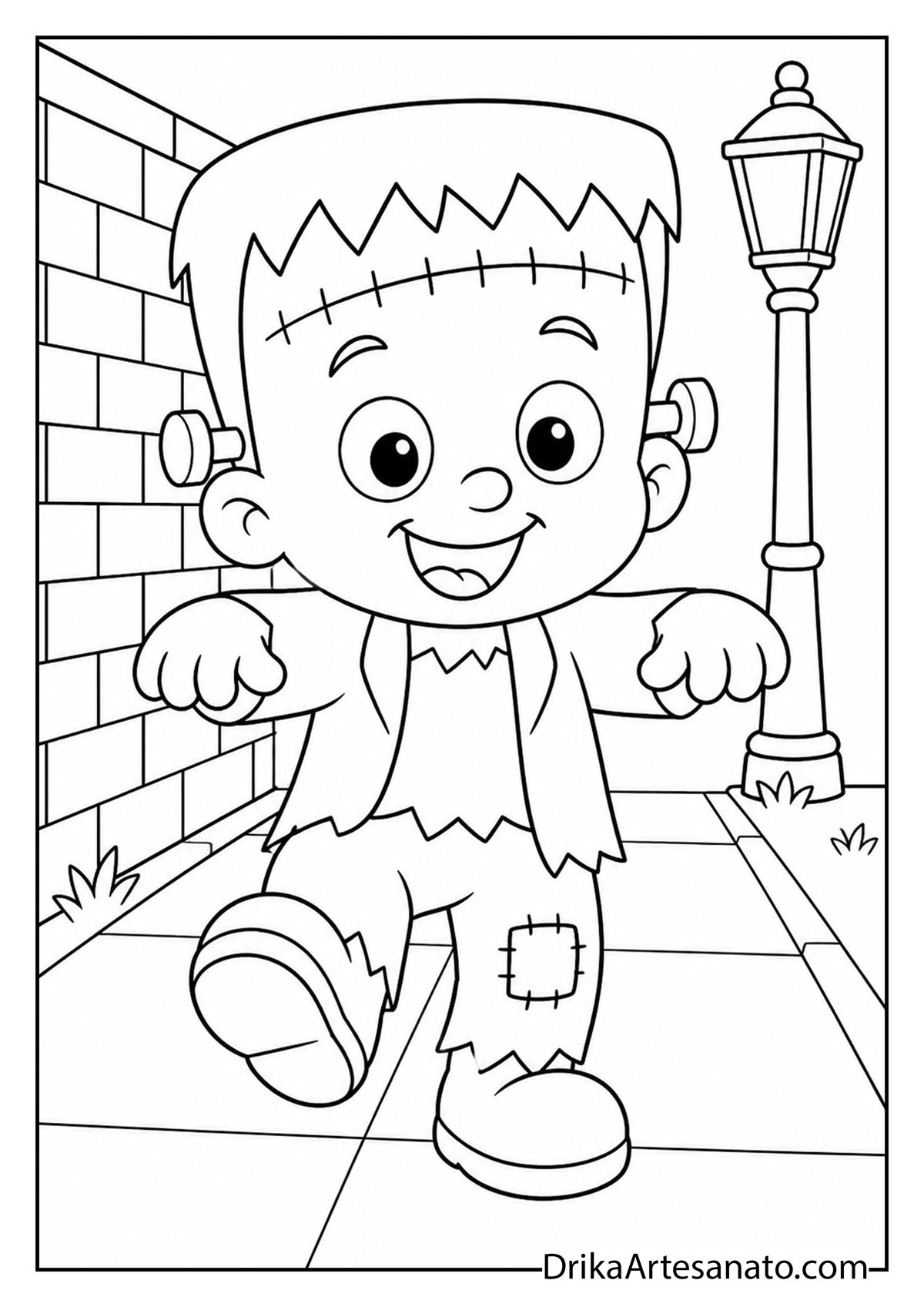 Cartoon baby Frankenstein walking down the sidewalk near a lamppost printable coloring sheet