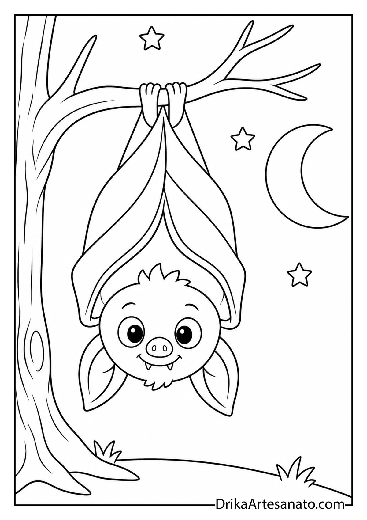 Adorable bat hanging upside down from a tree branch night sky coloring sheet
