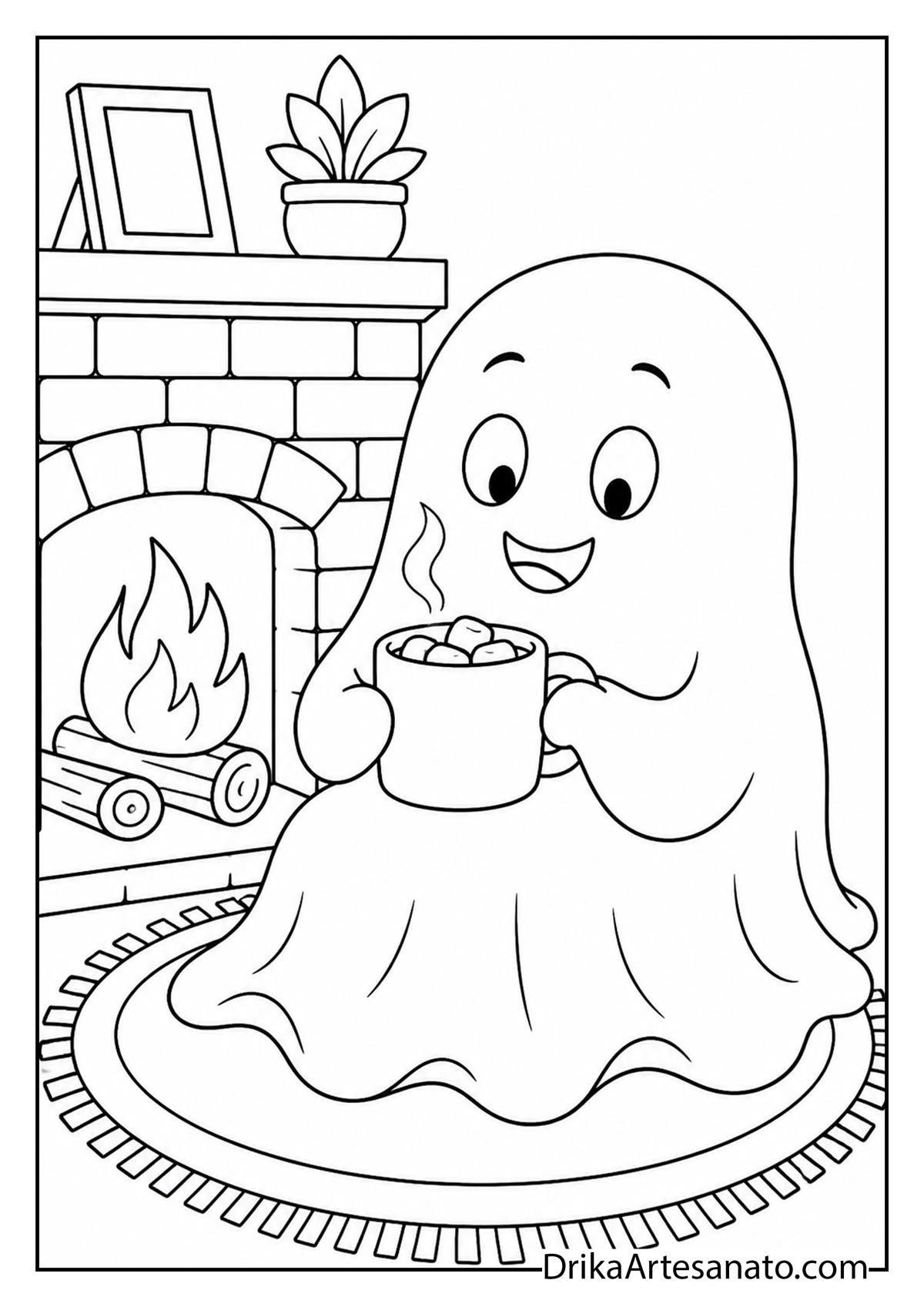 Friendly ghost holding a steaming mug of hot cocoa by the fireplace coloring page