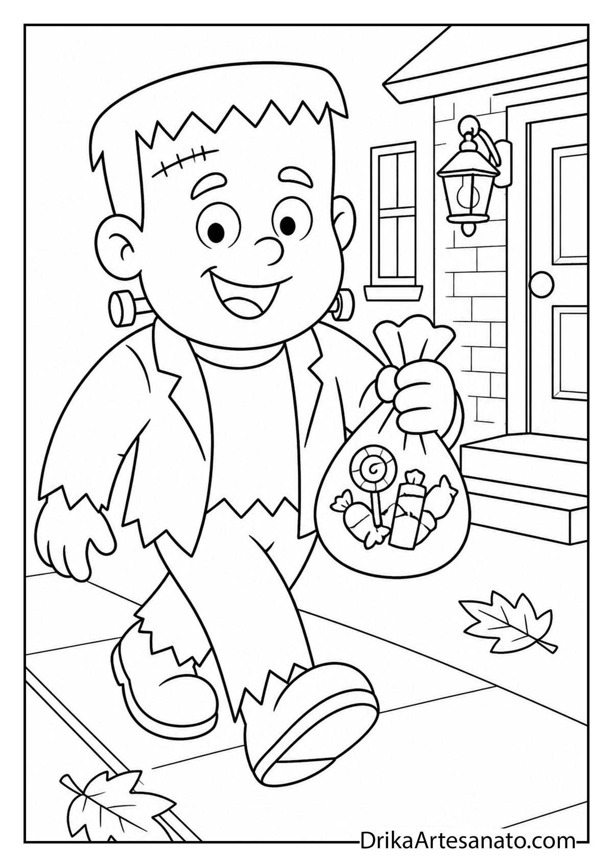 Happy Frankenstein monster carrying a bag full of candy printable coloring page