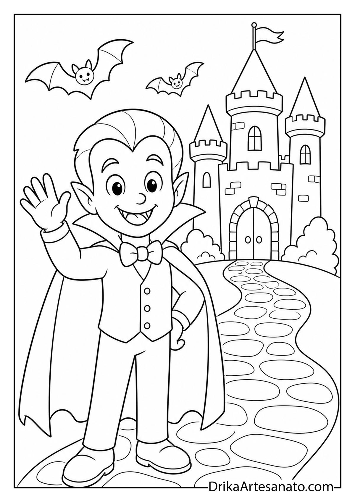 Cute cartoon vampire waving in front of a spooky castle with bats coloring sheet