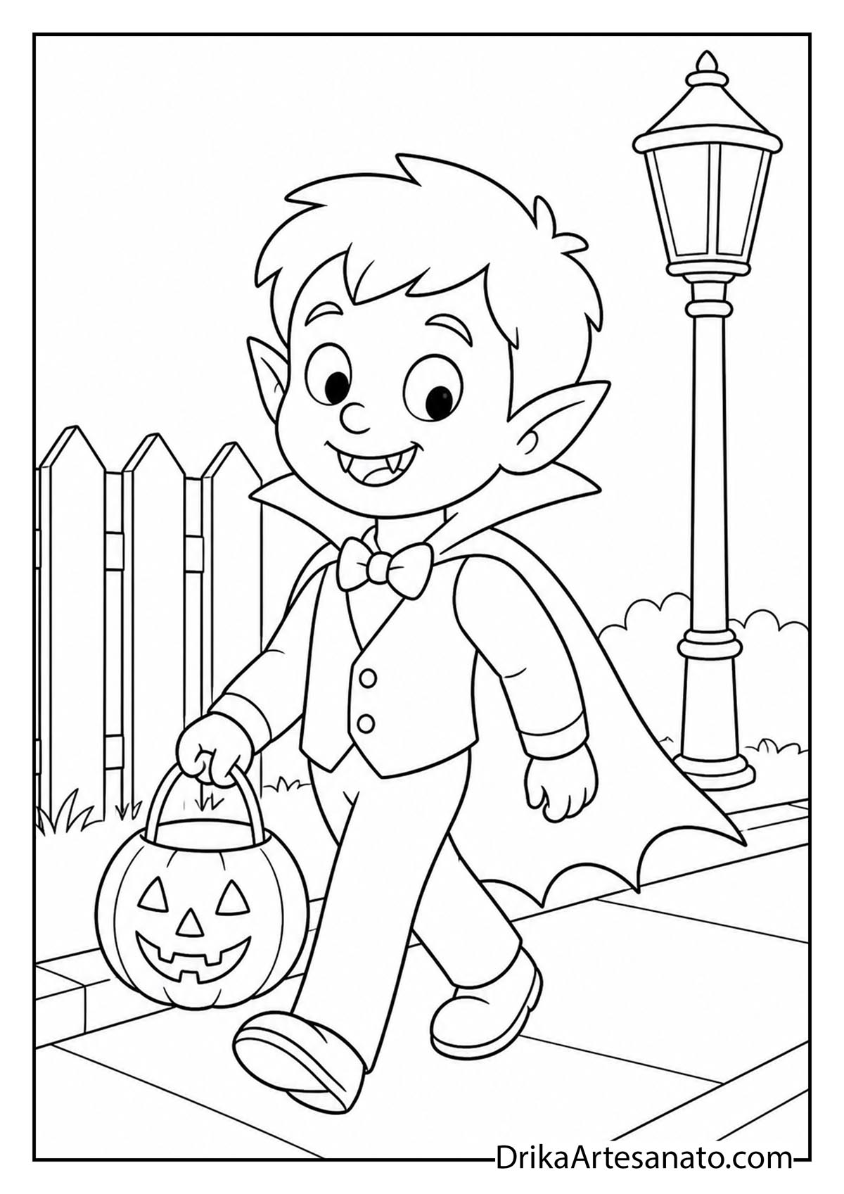 Cute cartoon vampire boy walking with a jack-o-lantern candy bucket beside a streetlamp coloring sheet