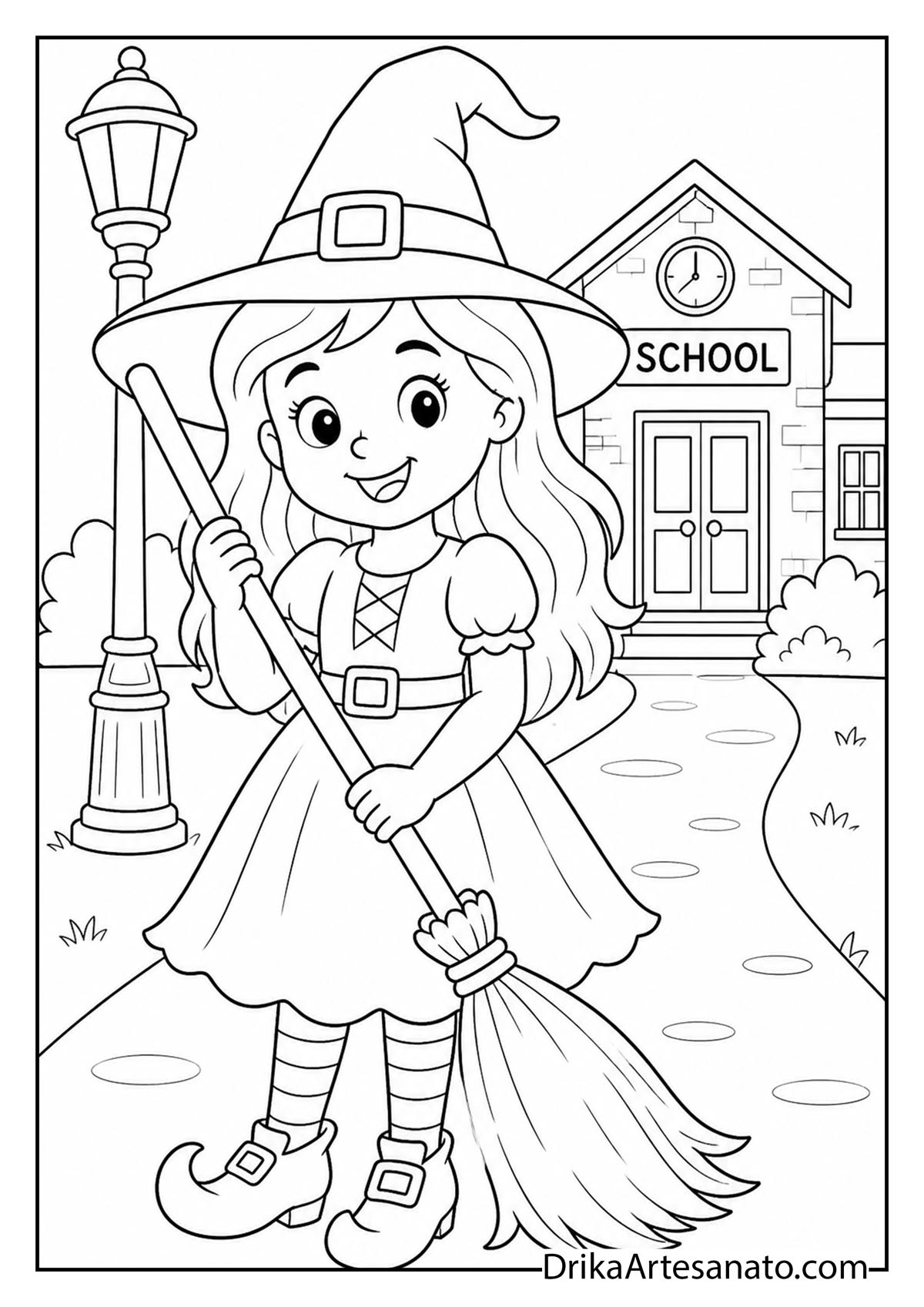 Cute girl in witch costume holding broom in front of school coloring sheet