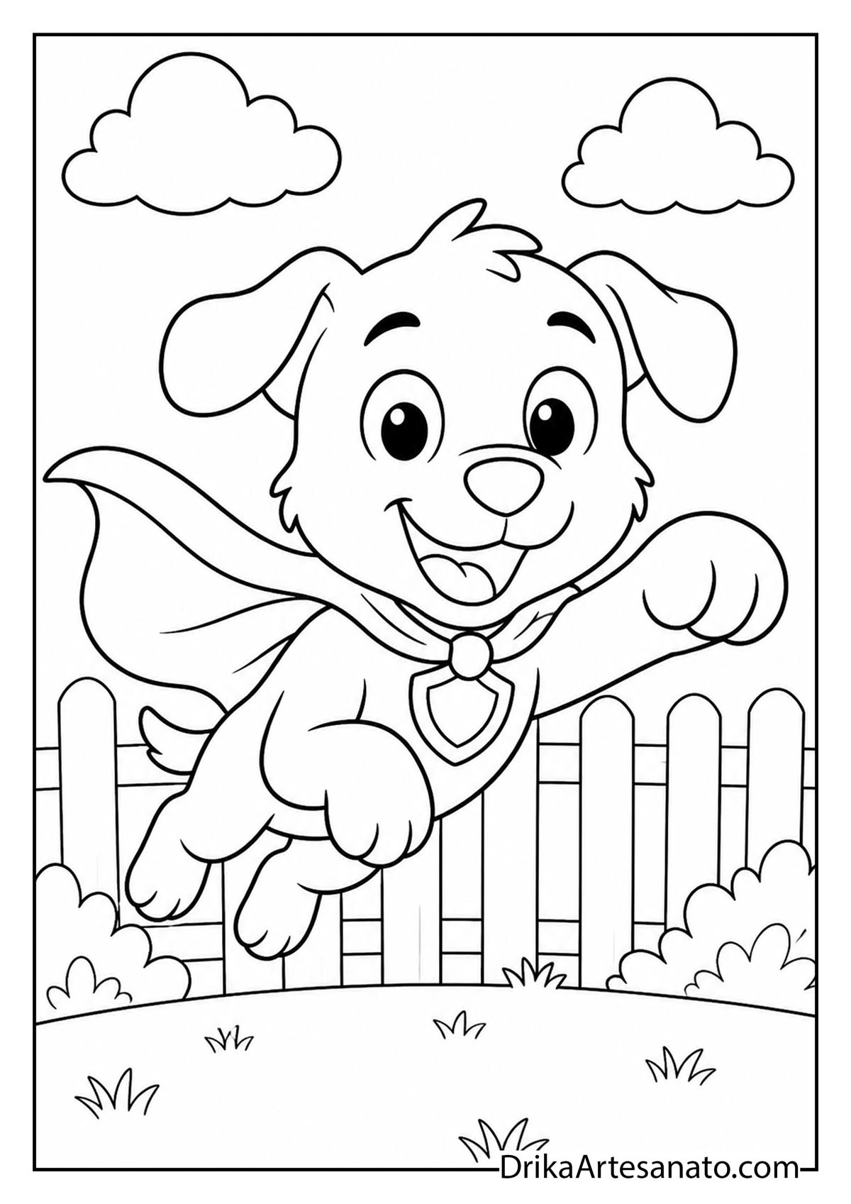 Cute puppy wearing a superhero cape flying over a garden fence printable coloring page