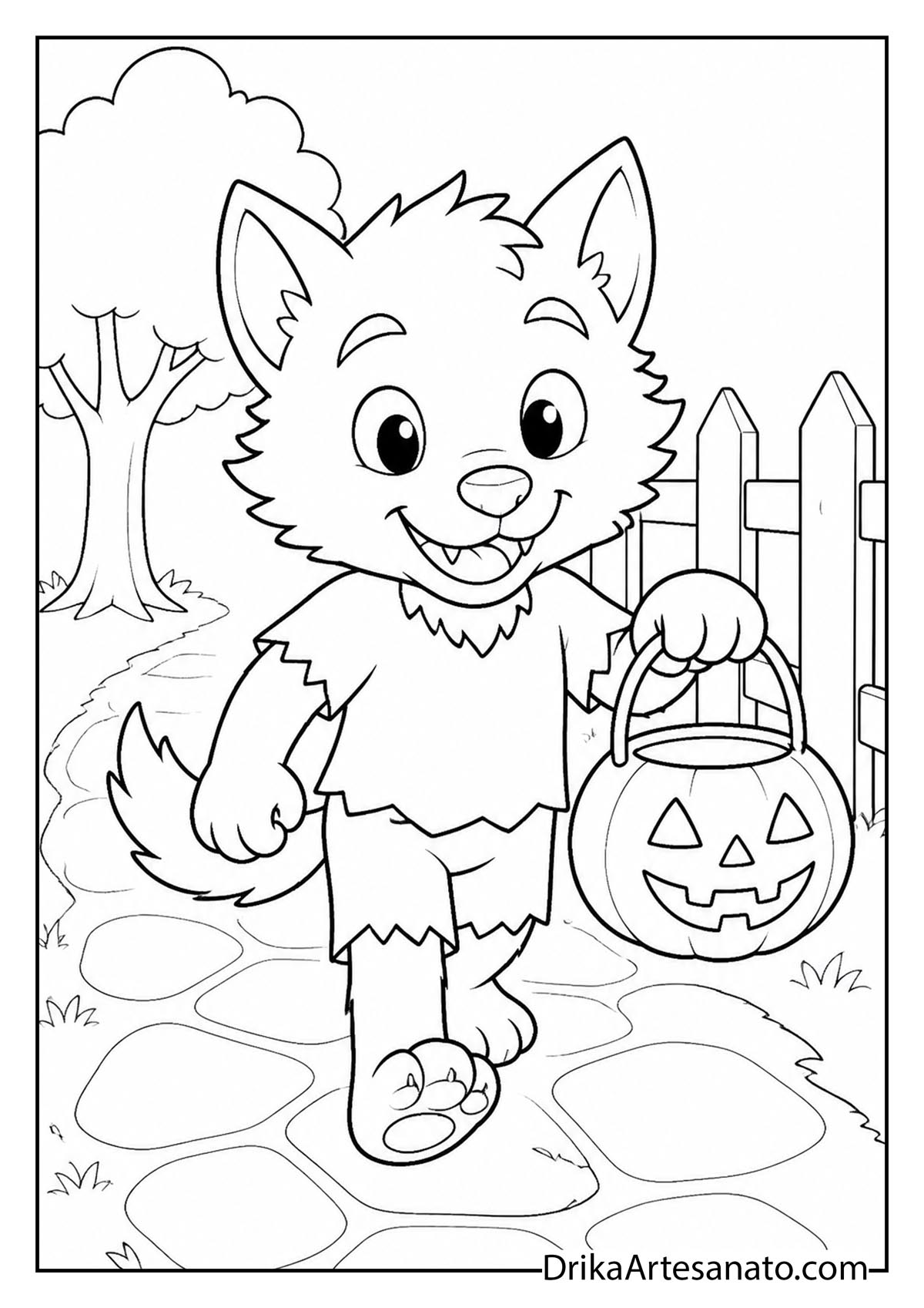 Cartoon werewolf pup trick-or-treating with a pumpkin candy bucket coloring sheet