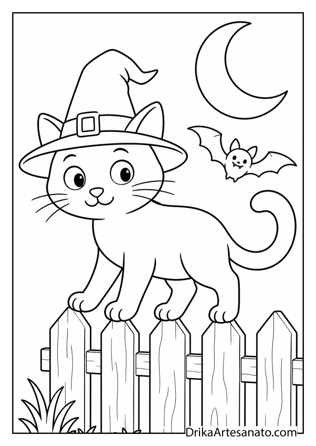 Cat wearing a witch hat walking along a wooden fence with a bat and crescent moon to color