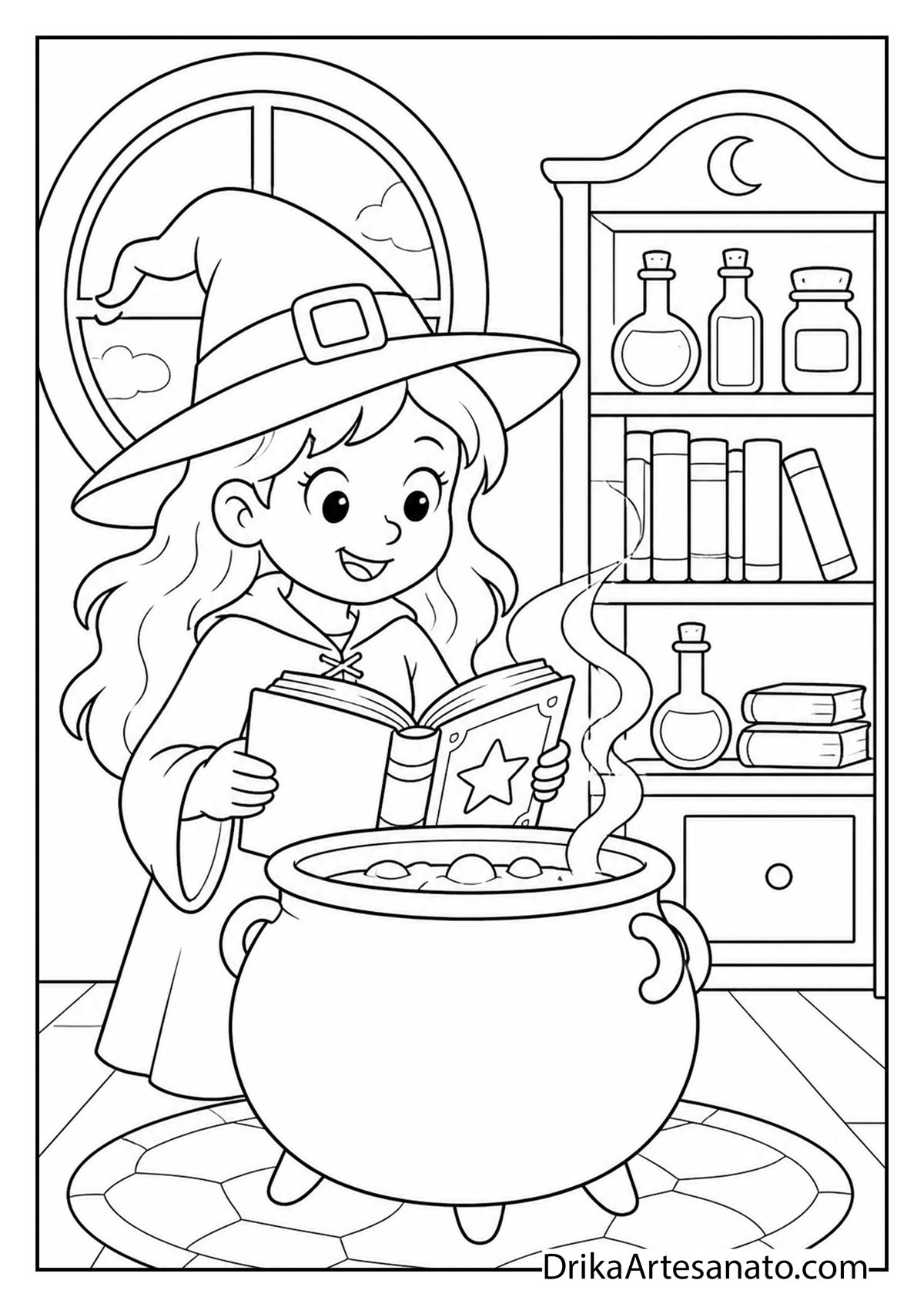 Cartoon witch reading a spellbook over a smoking cauldron coloring sheet for kids