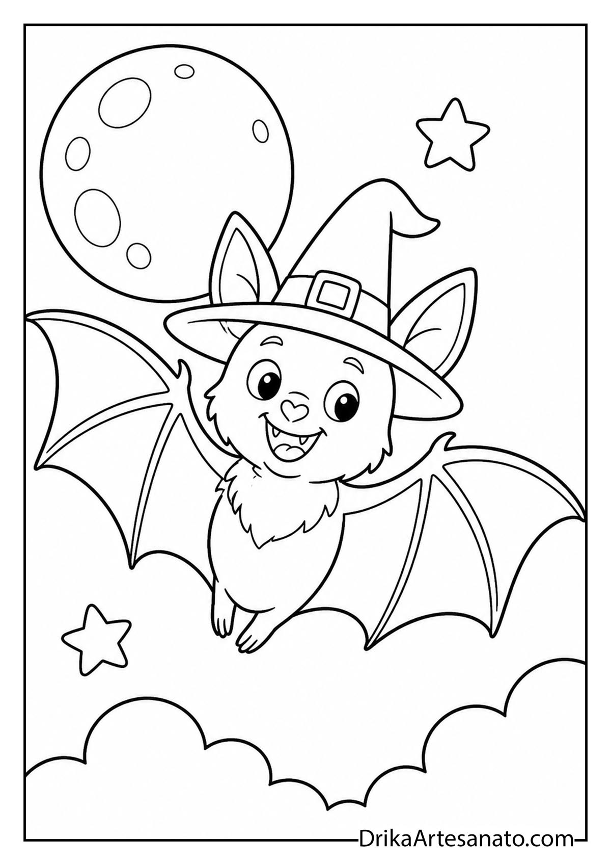 Cute cartoon bat wearing a witch hat flying under the moon coloring page