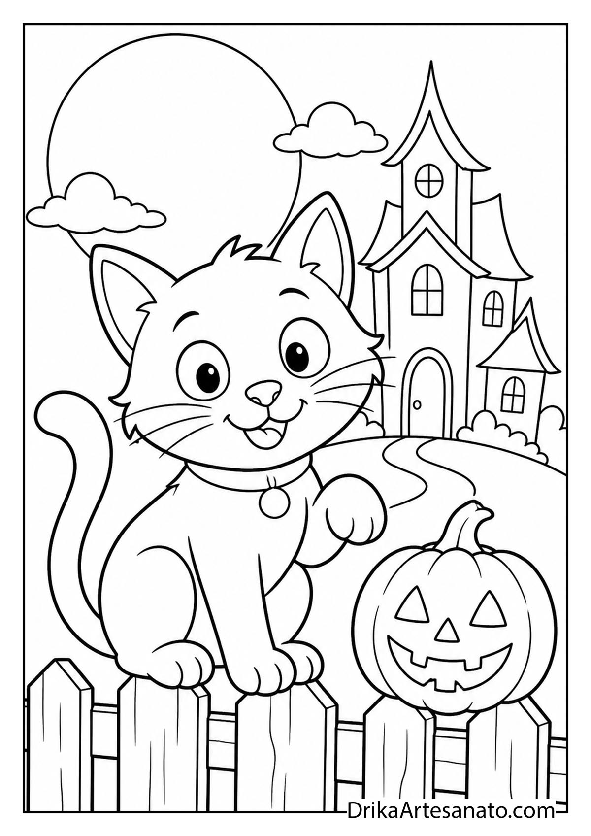Adorable cartoon cat sitting on a fence by a pumpkin and haunted house coloring page