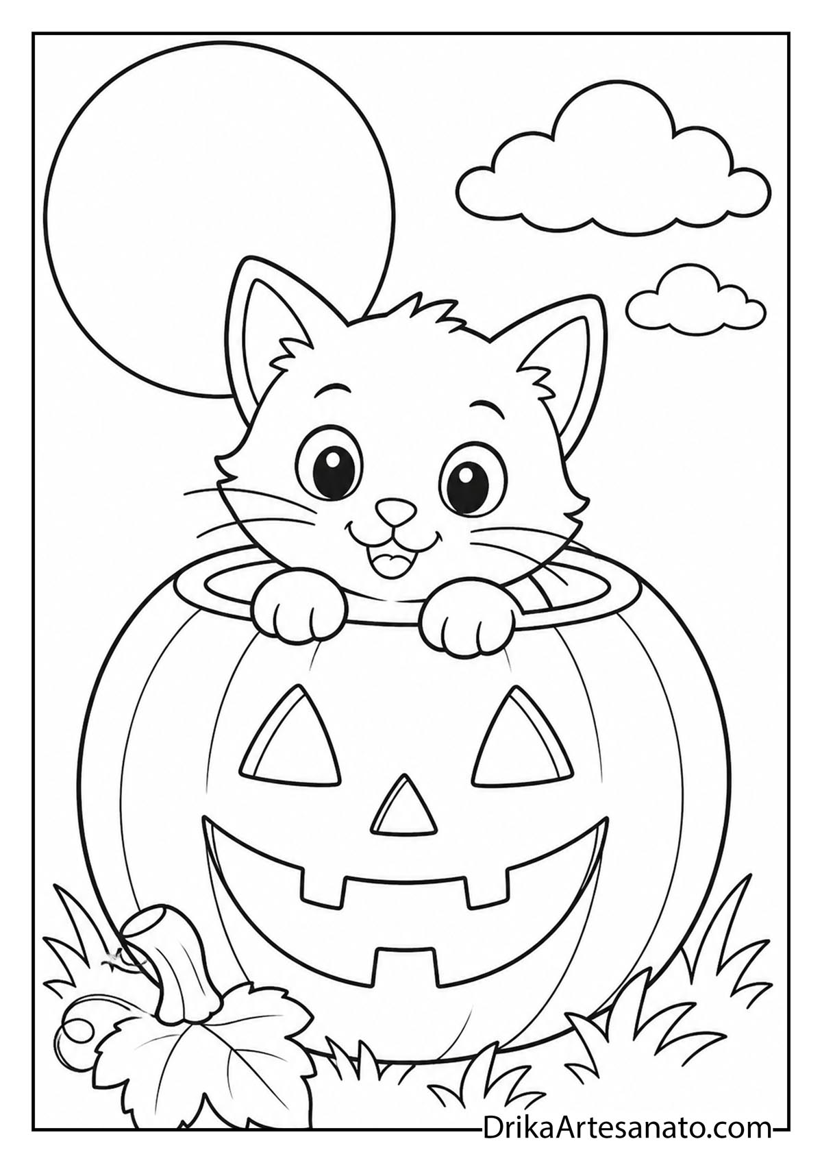 Cute kitten popping out of a jack-o-lantern with a full moon outline coloring sheet