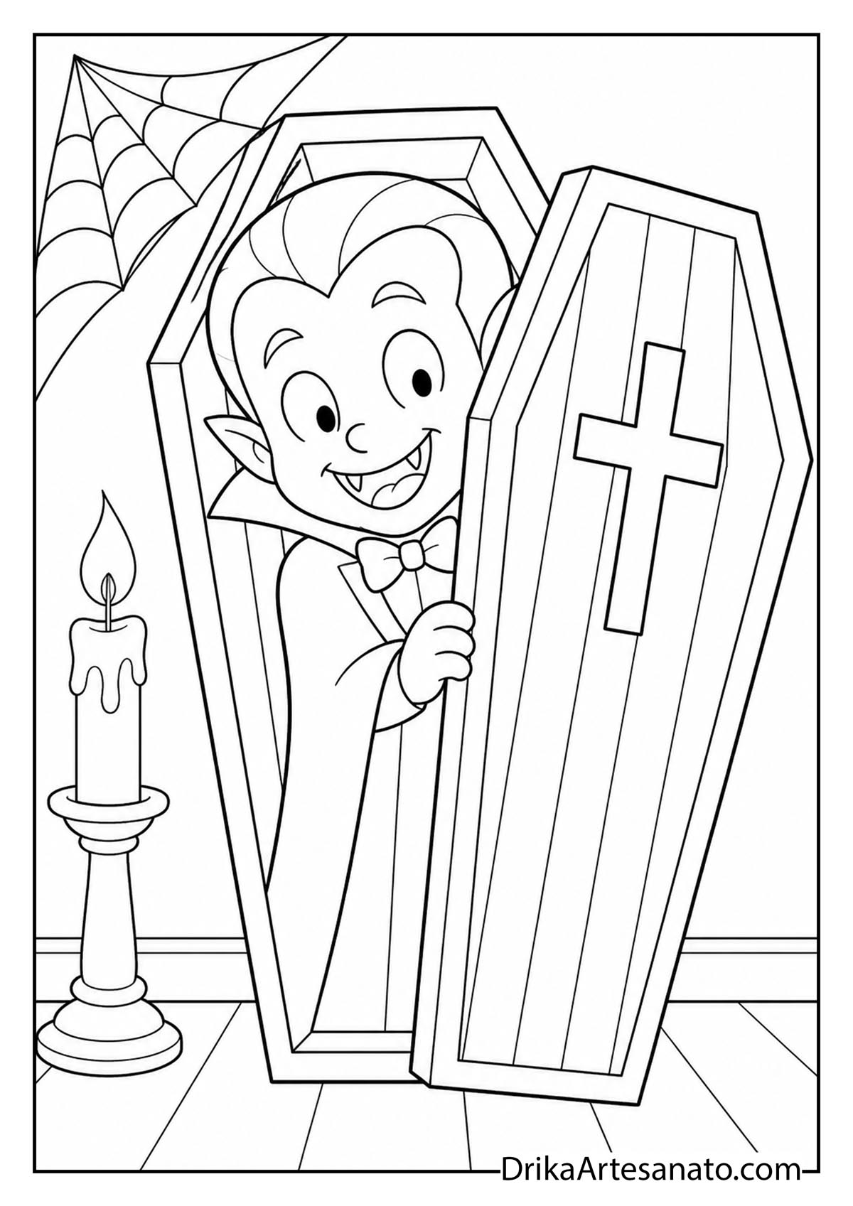 Cute cartoon vampire boy smiling and peeking out of an open coffin next to a candle coloring page