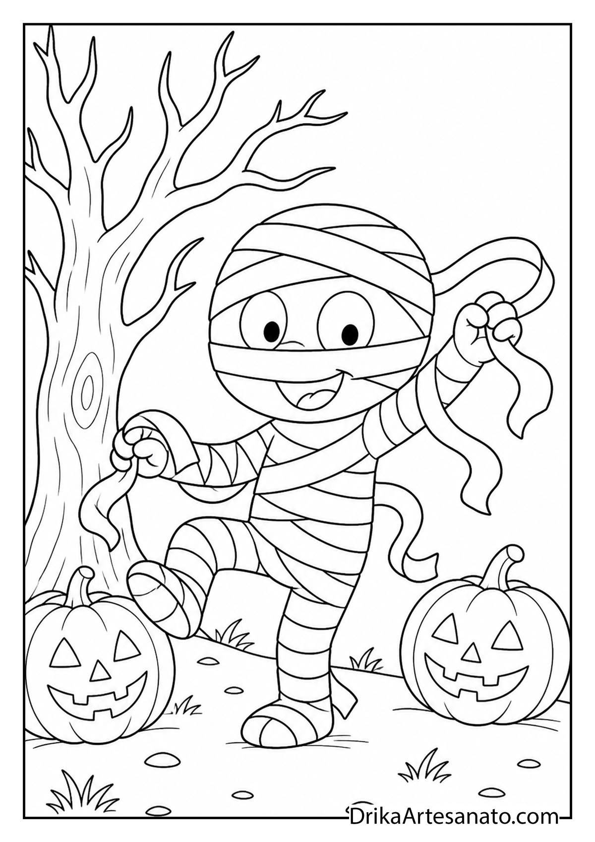 Cute cartoon mummy dancing between jack-o-lanterns outdoors printable coloring page