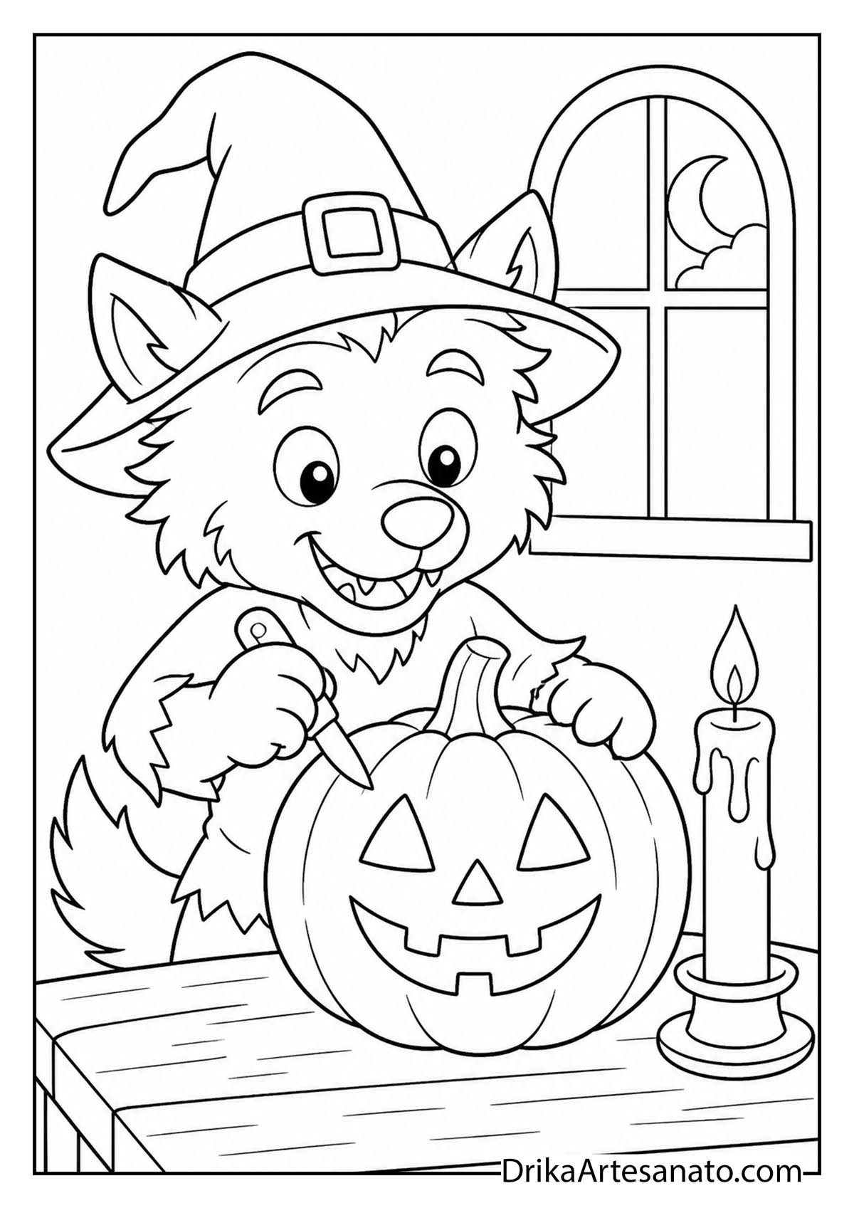Werewolf pup in a witch hat carving a jack-o-lantern pumpkin to color