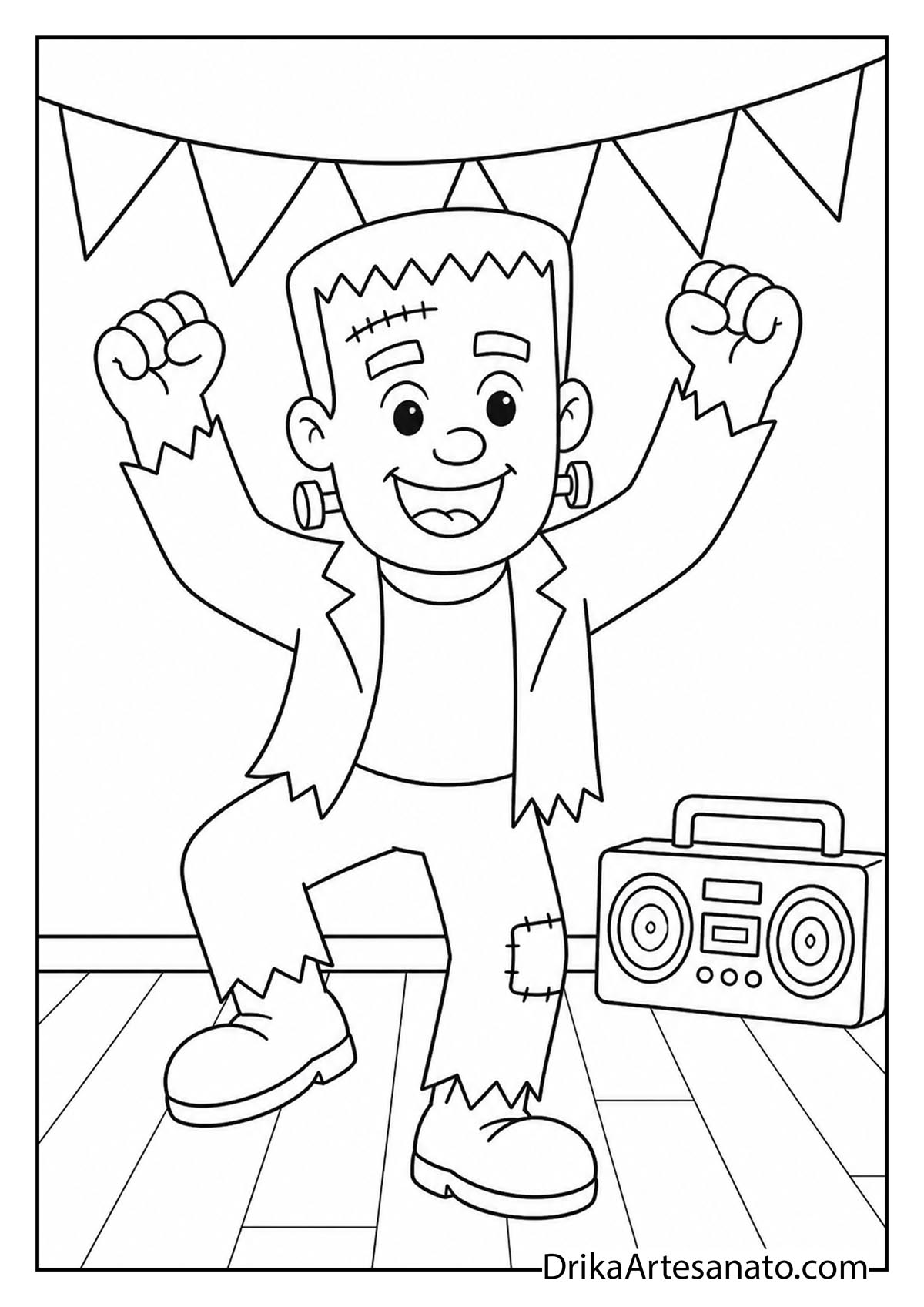 Friendly Frankenstein monster dancing by a boombox radio coloring page for kids