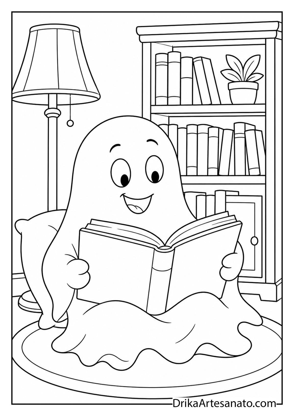 Cute ghost reading a book on a pillow next to a full bookshelf coloring printable