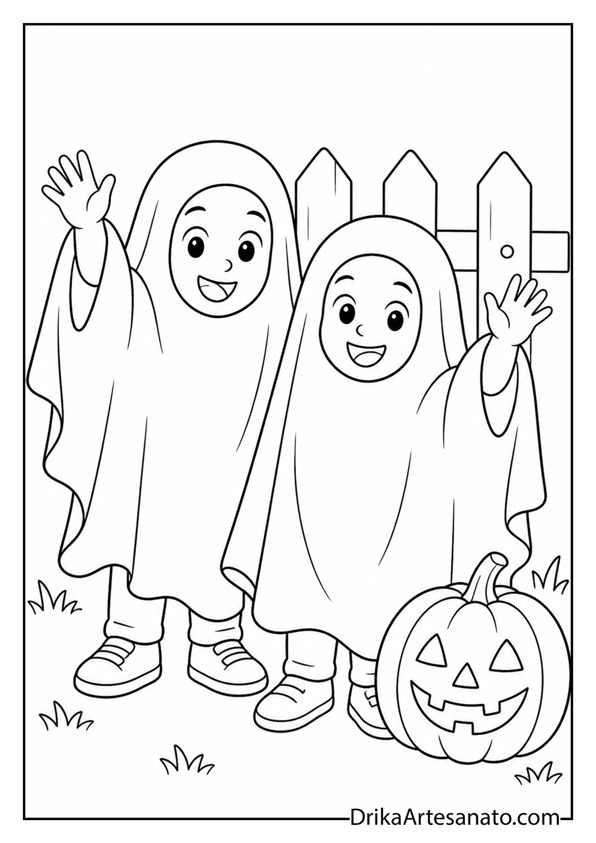 Two children wearing sheet ghost costumes waving beside pumpkin coloring page