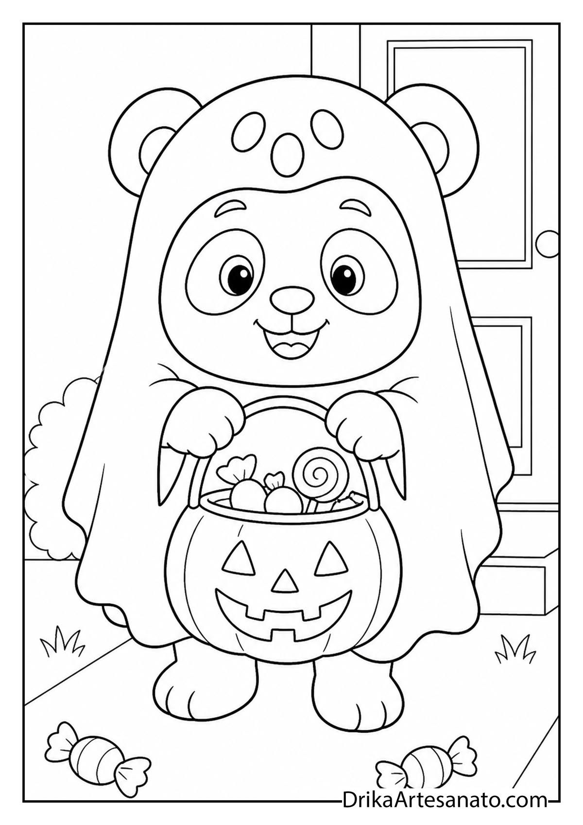 Cute panda wearing a ghost sheet costume and holding a treat bucket coloring sheet